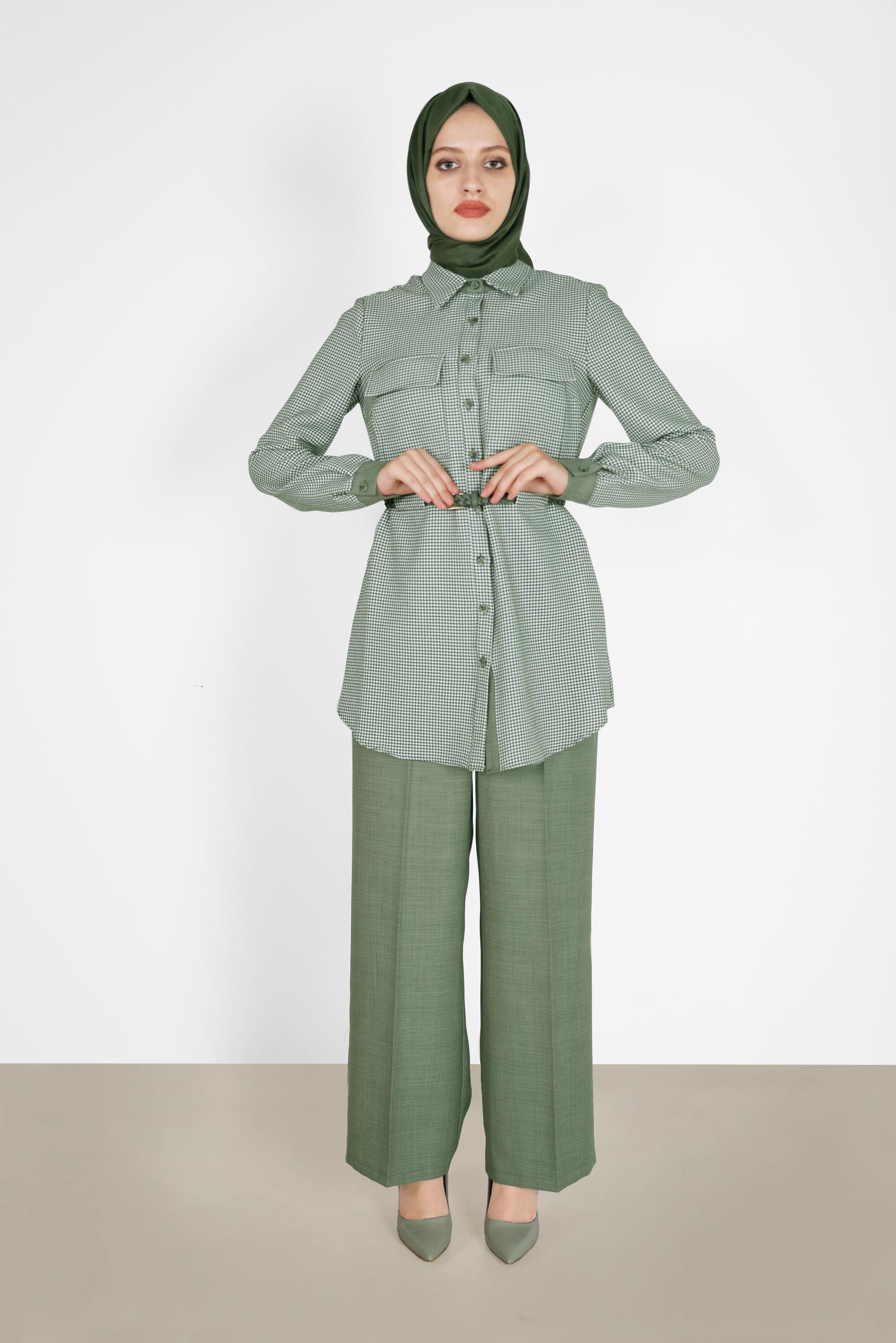 Tesettür giyim HAKİ EKOSE DESEN DETAYLI KEMERLİ PANT. TAKIM 42161 