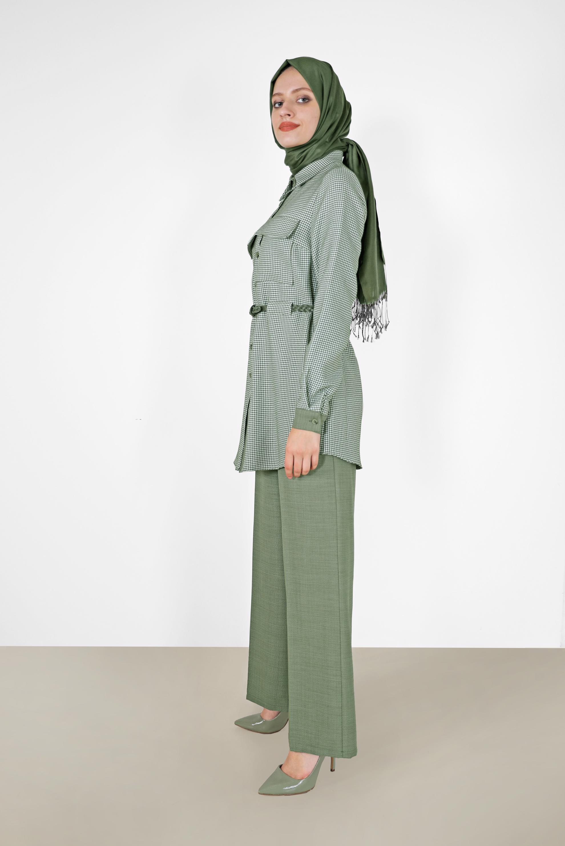 Tesettür giyim HAKİ EKOSE DESEN DETAYLI KEMERLİ PANT. TAKIM 42161 