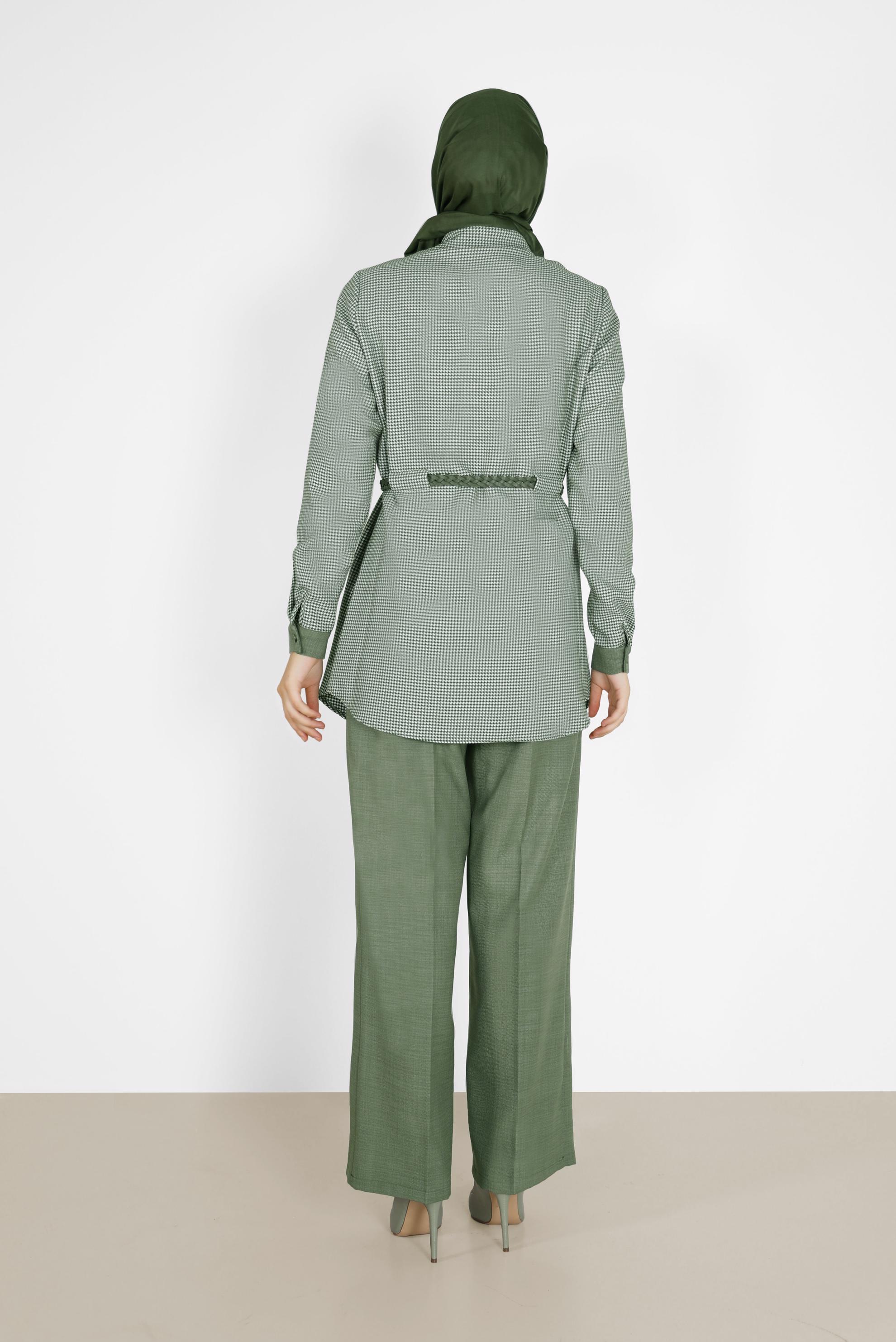 Tesettür giyim HAKİ EKOSE DESEN DETAYLI KEMERLİ PANT. TAKIM 42161 