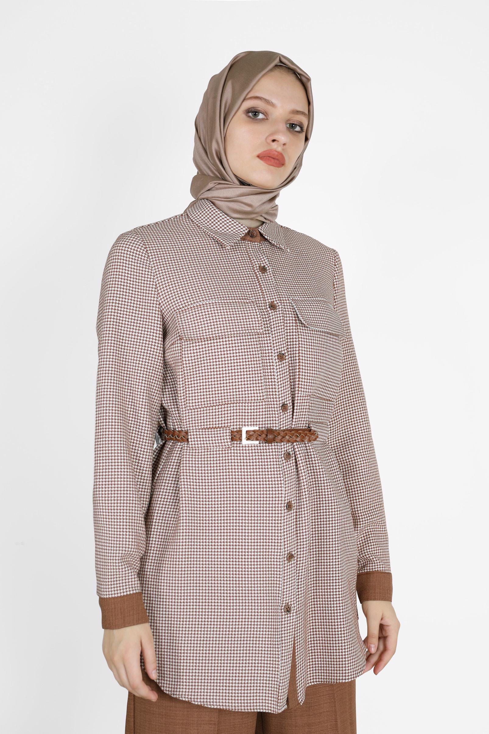 Tesettür giyim TABA EKOSE DESEN DETAYLI KEMERLİ PANT. TAKIM 42161 