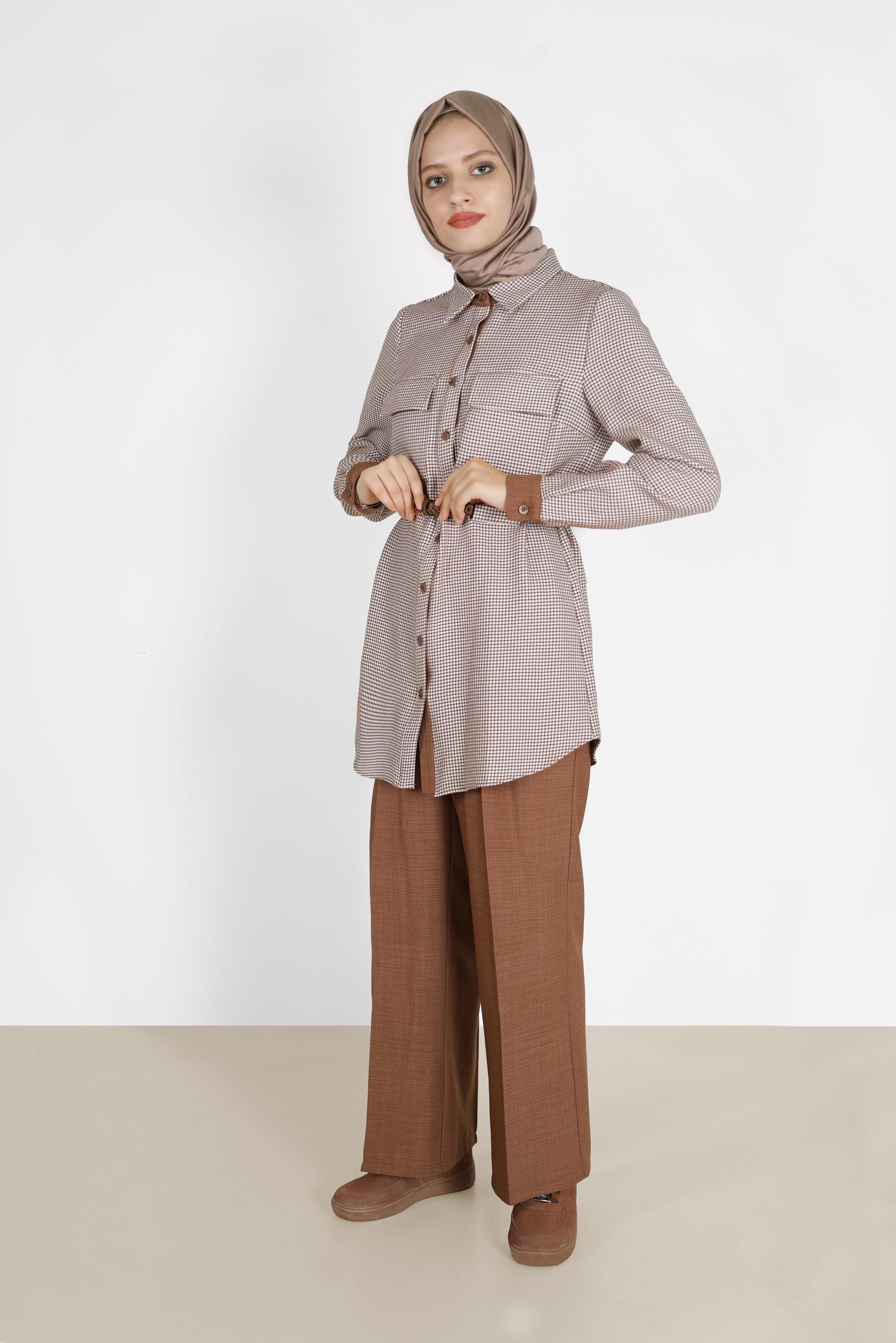 Tesettür giyim TABA EKOSE DESEN DETAYLI KEMERLİ PANT. TAKIM 42161 