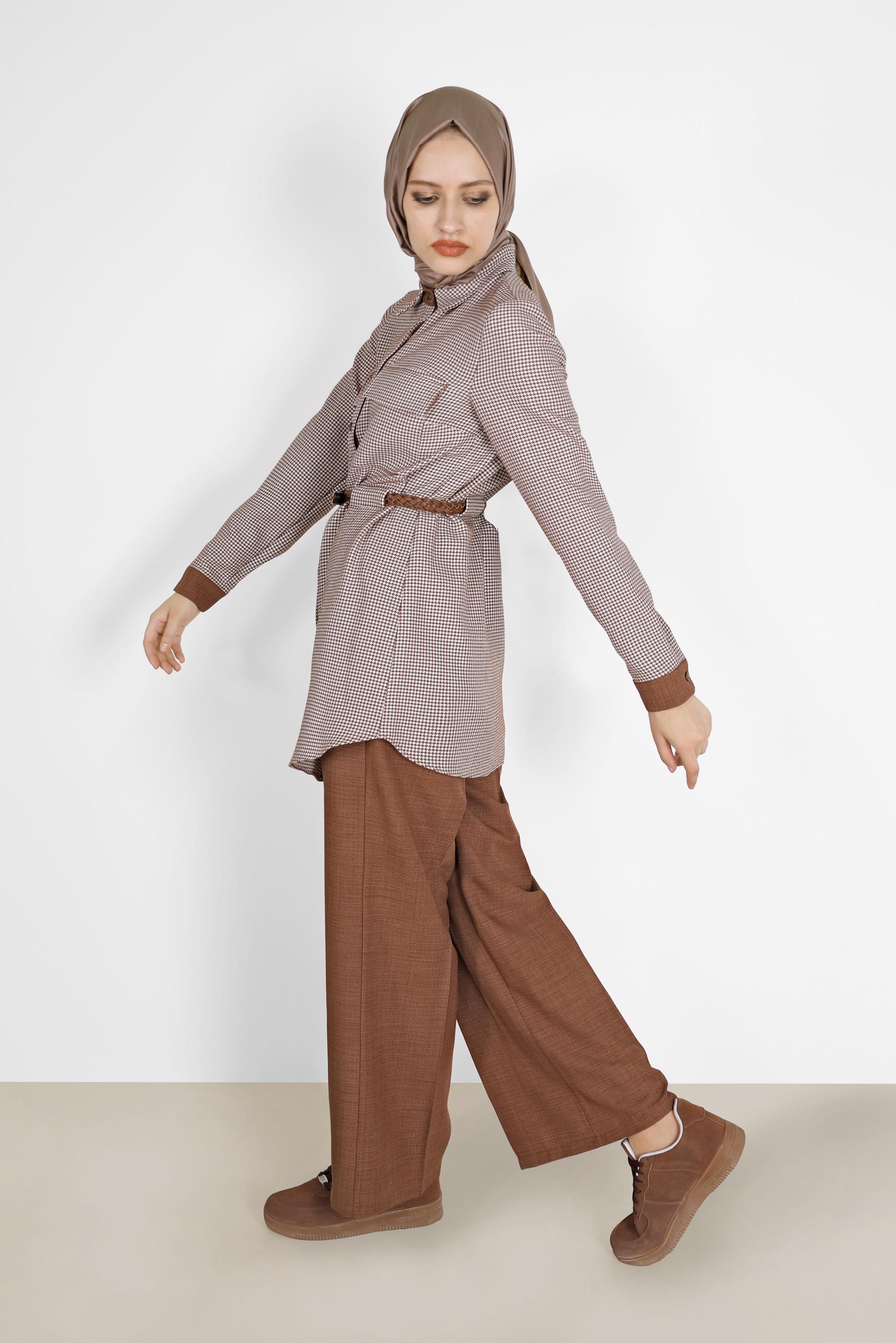 Tesettür giyim TABA EKOSE DESEN DETAYLI KEMERLİ PANT. TAKIM 42161 