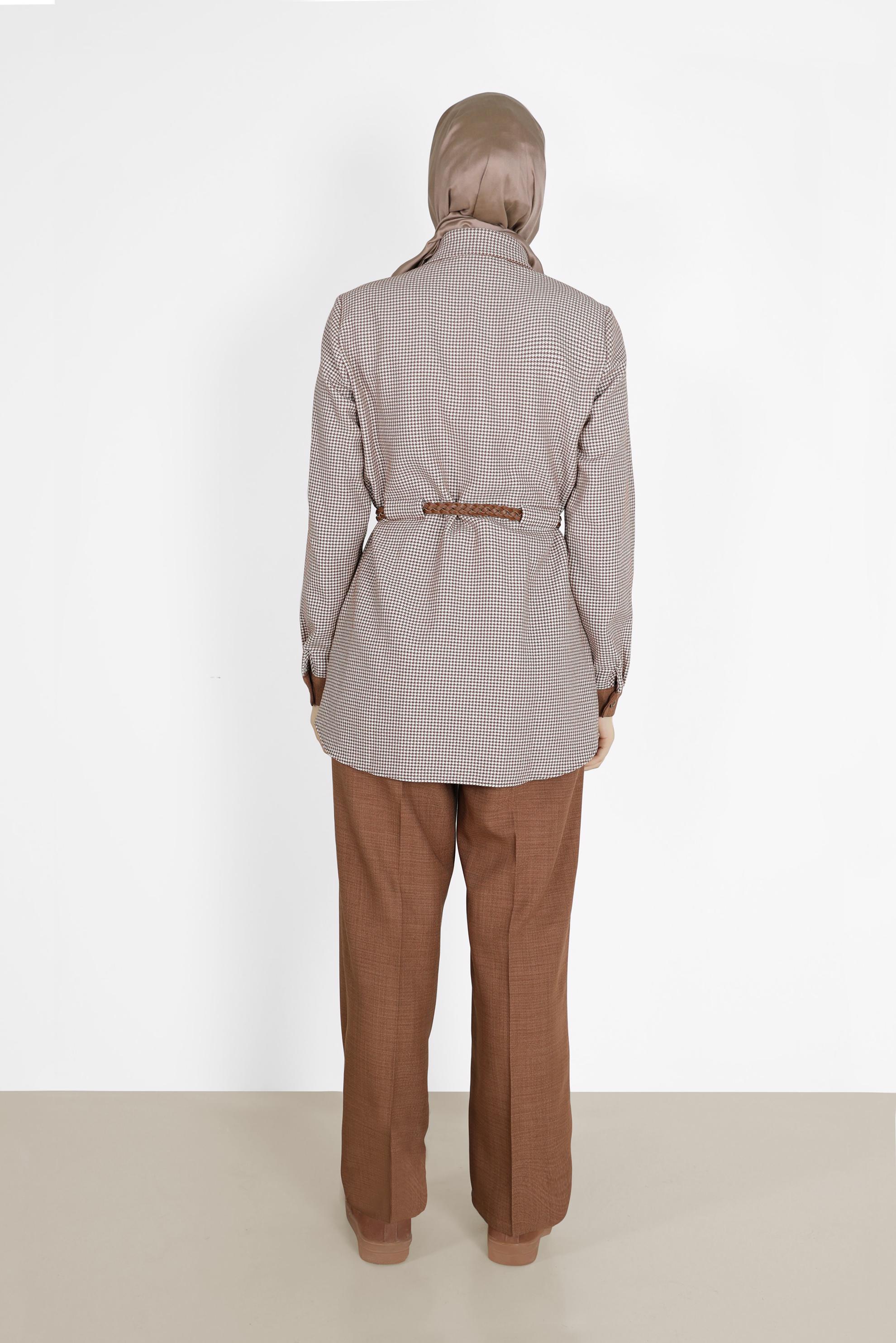 Tesettür giyim TABA EKOSE DESEN DETAYLI KEMERLİ PANT. TAKIM 42161 