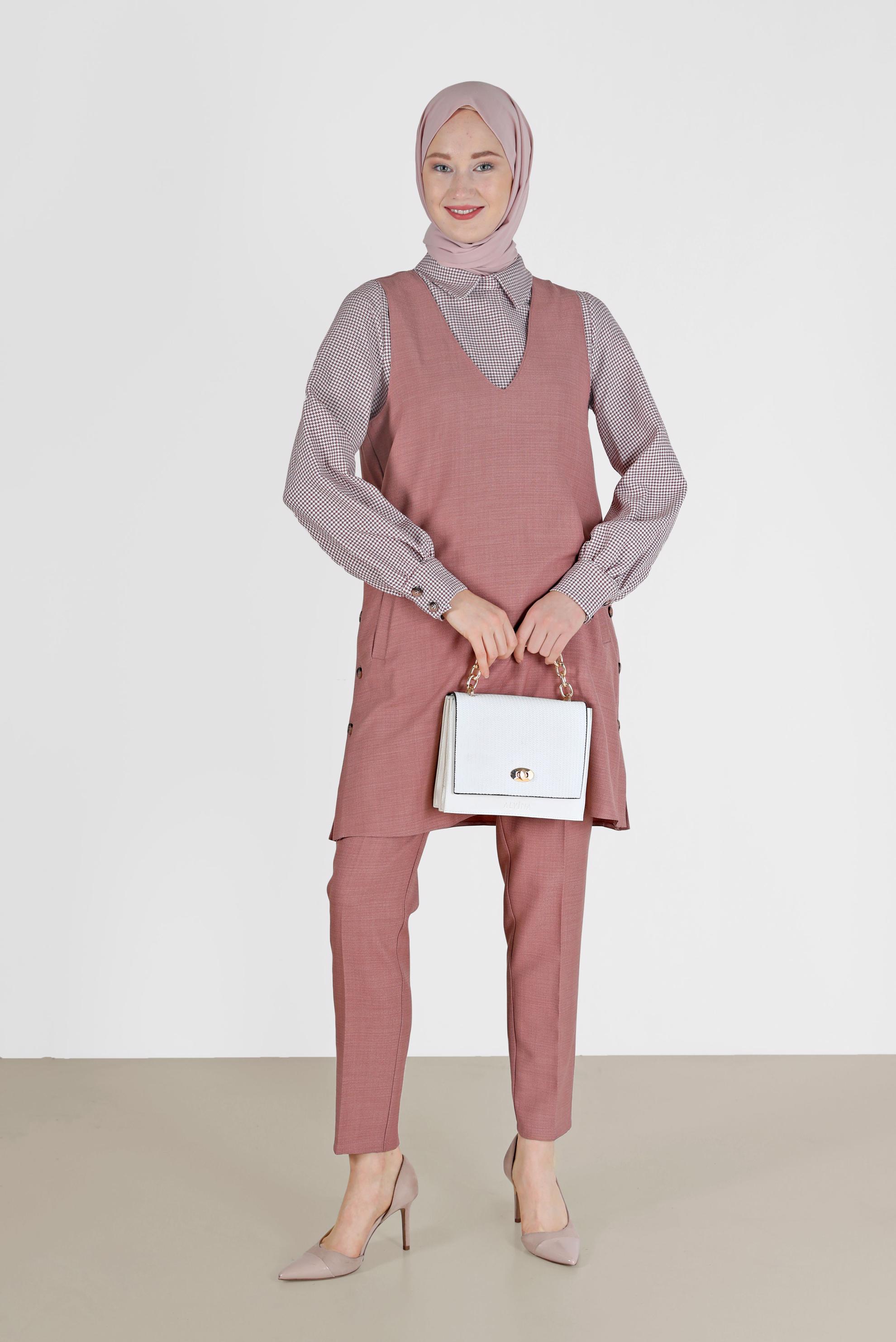 Tesettür giyim PUDRA DÜĞME DETAYLI ÜÇLÜ PANT. TAKIM 42162 