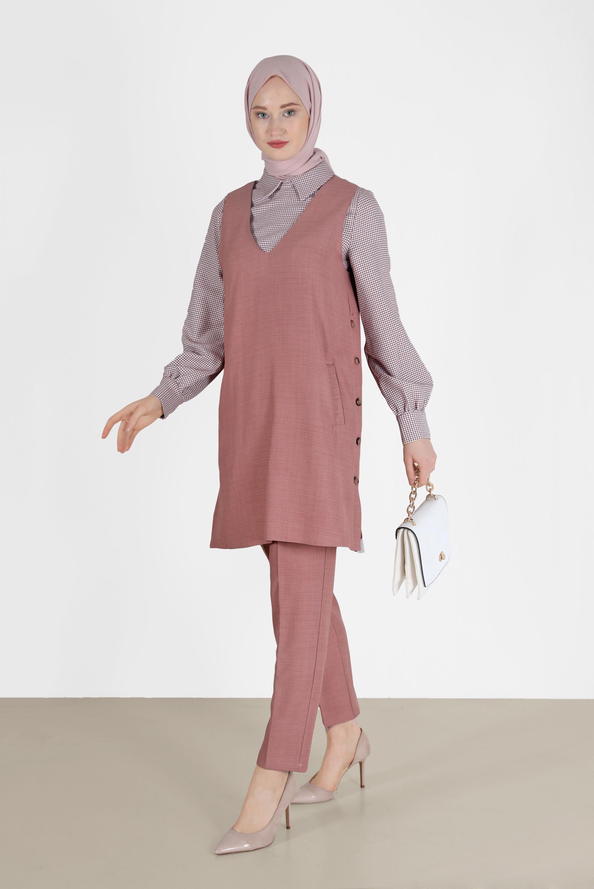 Tesettür giyim PUDRA DÜĞME DETAYLI ÜÇLÜ PANT. TAKIM 42162 