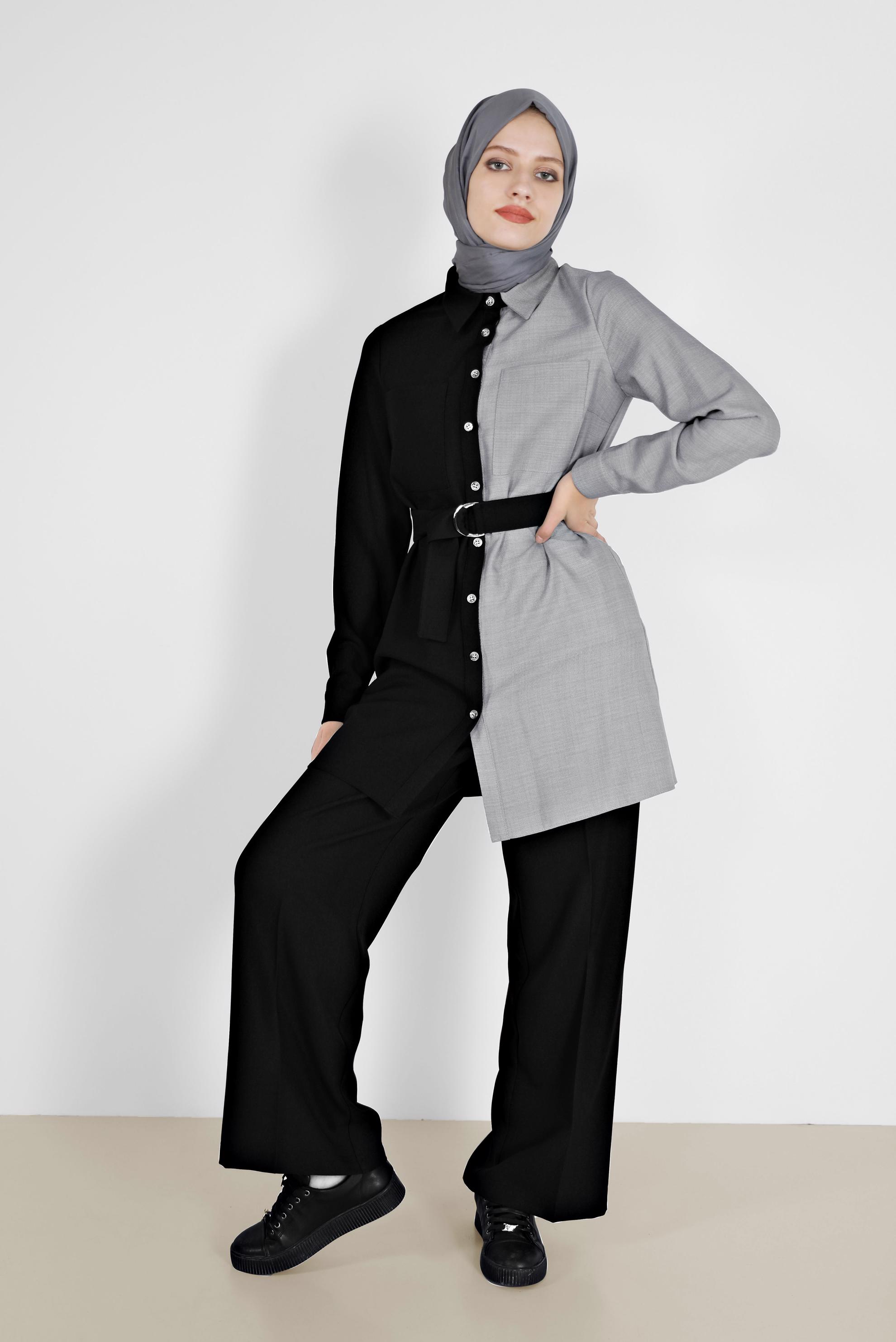 Hijab clothing BLACK 2-COLOR BELTED 2-PIECE SUIT WITH PANTS 42164 