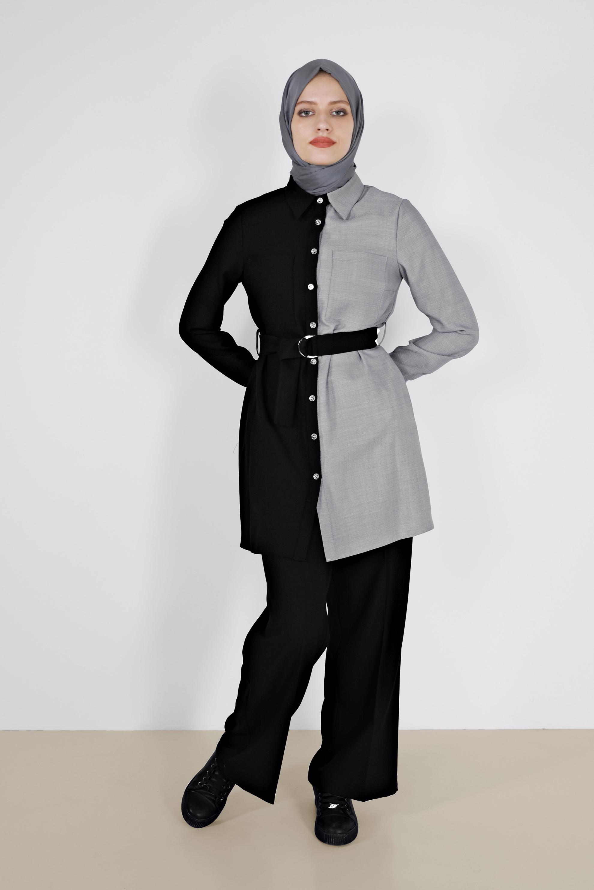 Hijab clothing BLACK 2-COLOR BELTED 2-PIECE SUIT WITH PANTS 42164 