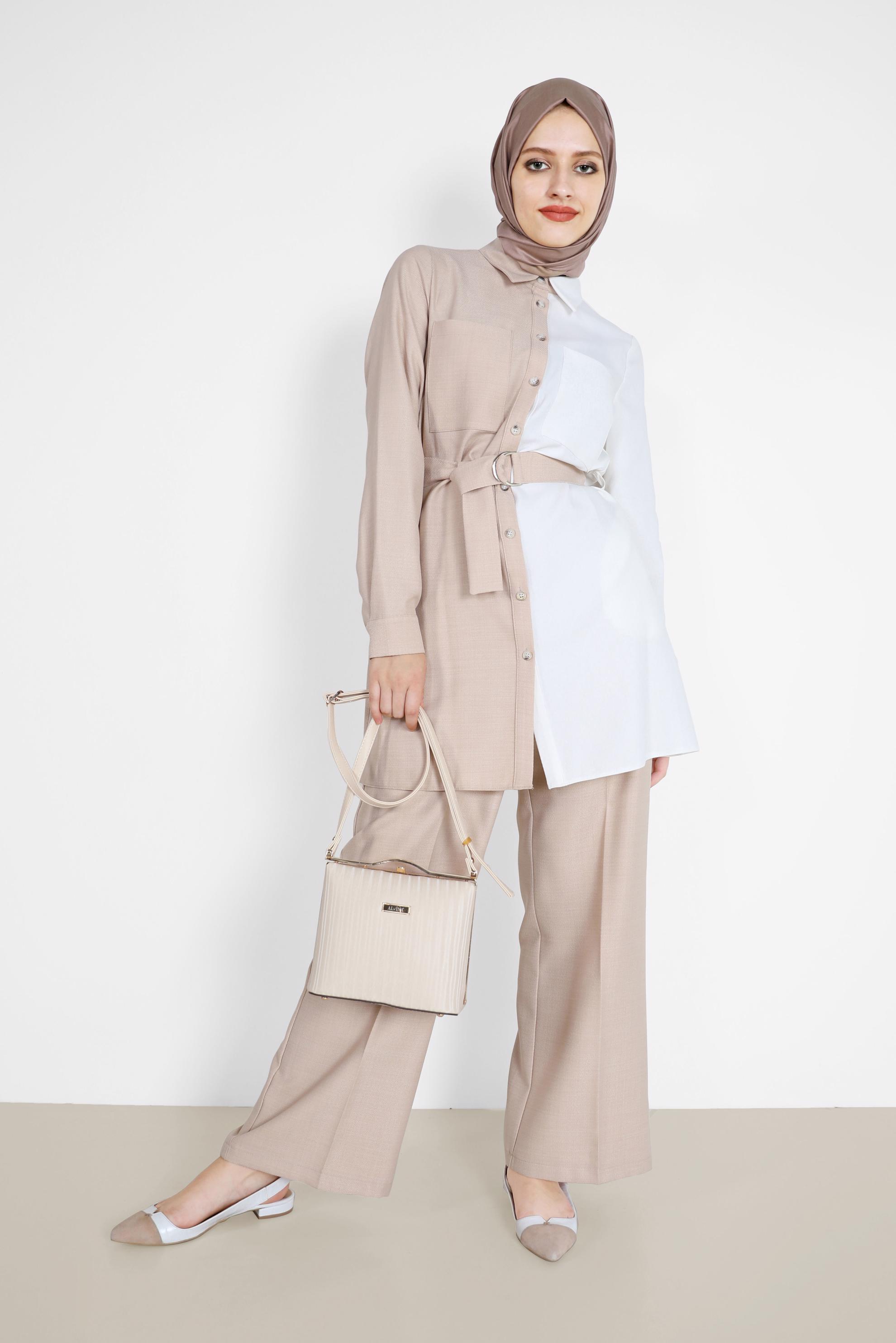 Tesettür giyim BEJ 2 RENKLİ KEMERLİ İKİLİ PANT. TAKIM 42164 