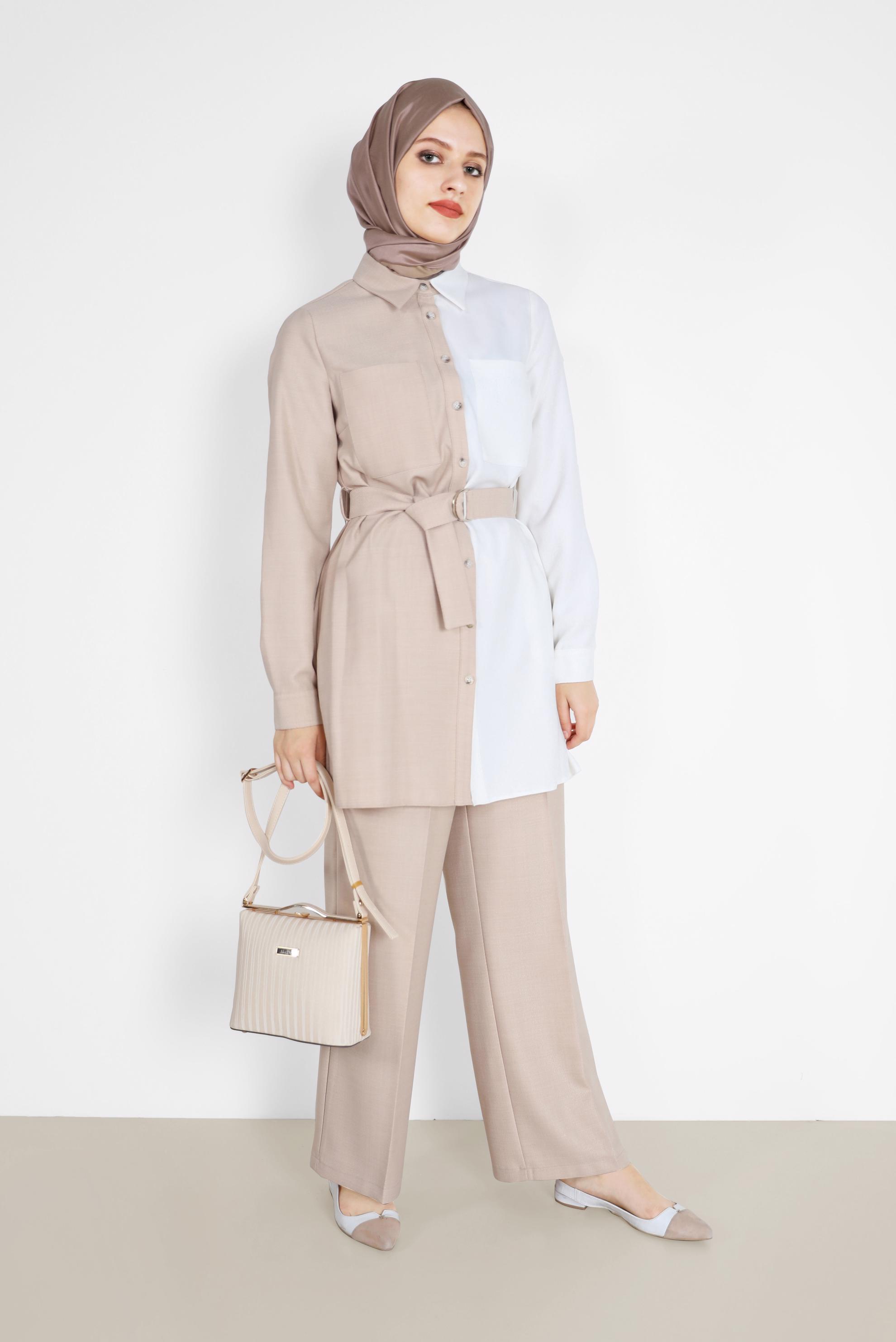 Tesettür giyim BEJ 2 RENKLİ KEMERLİ İKİLİ PANT. TAKIM 42164 