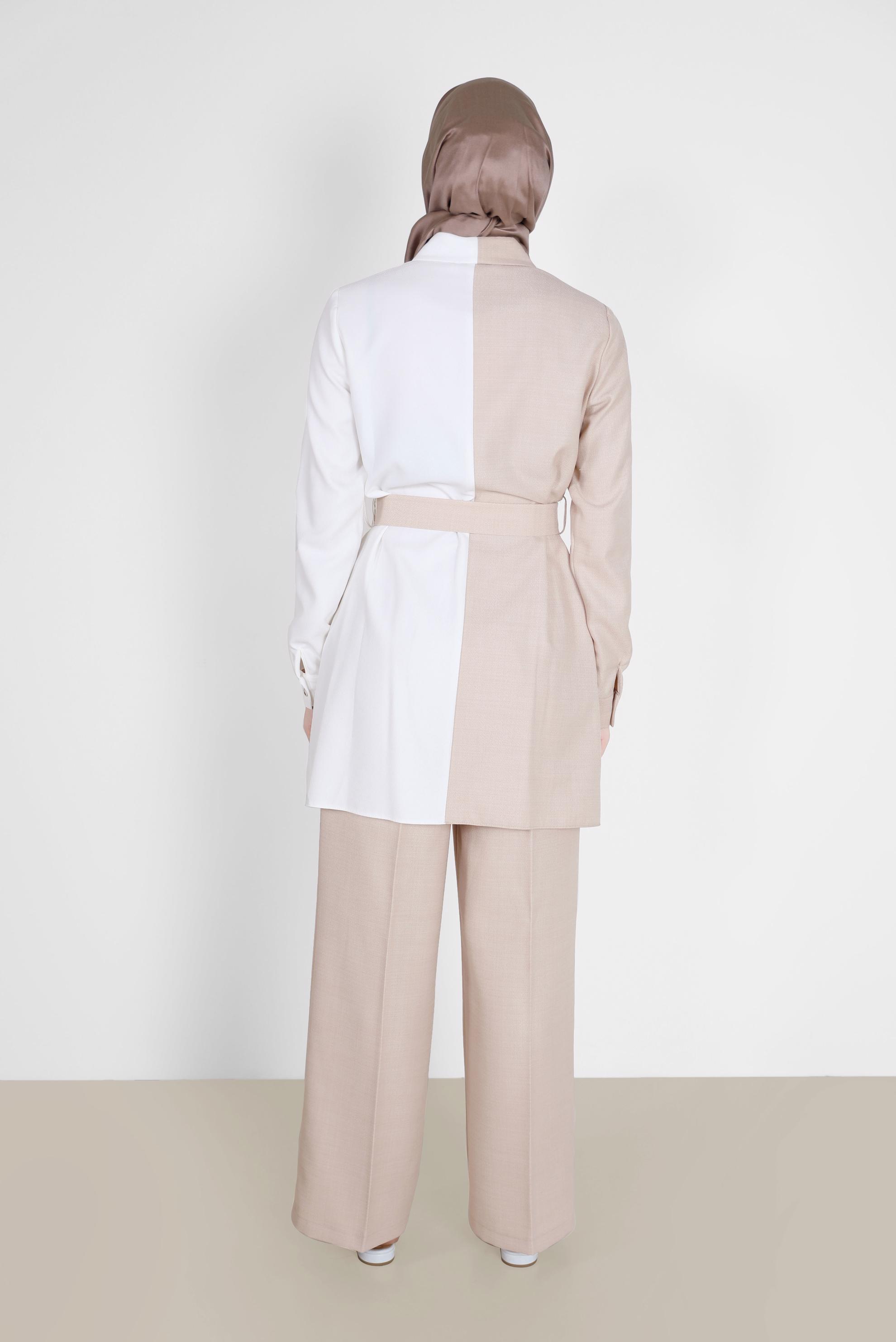 Tesettür giyim BEJ 2 RENKLİ KEMERLİ İKİLİ PANT. TAKIM 42164 