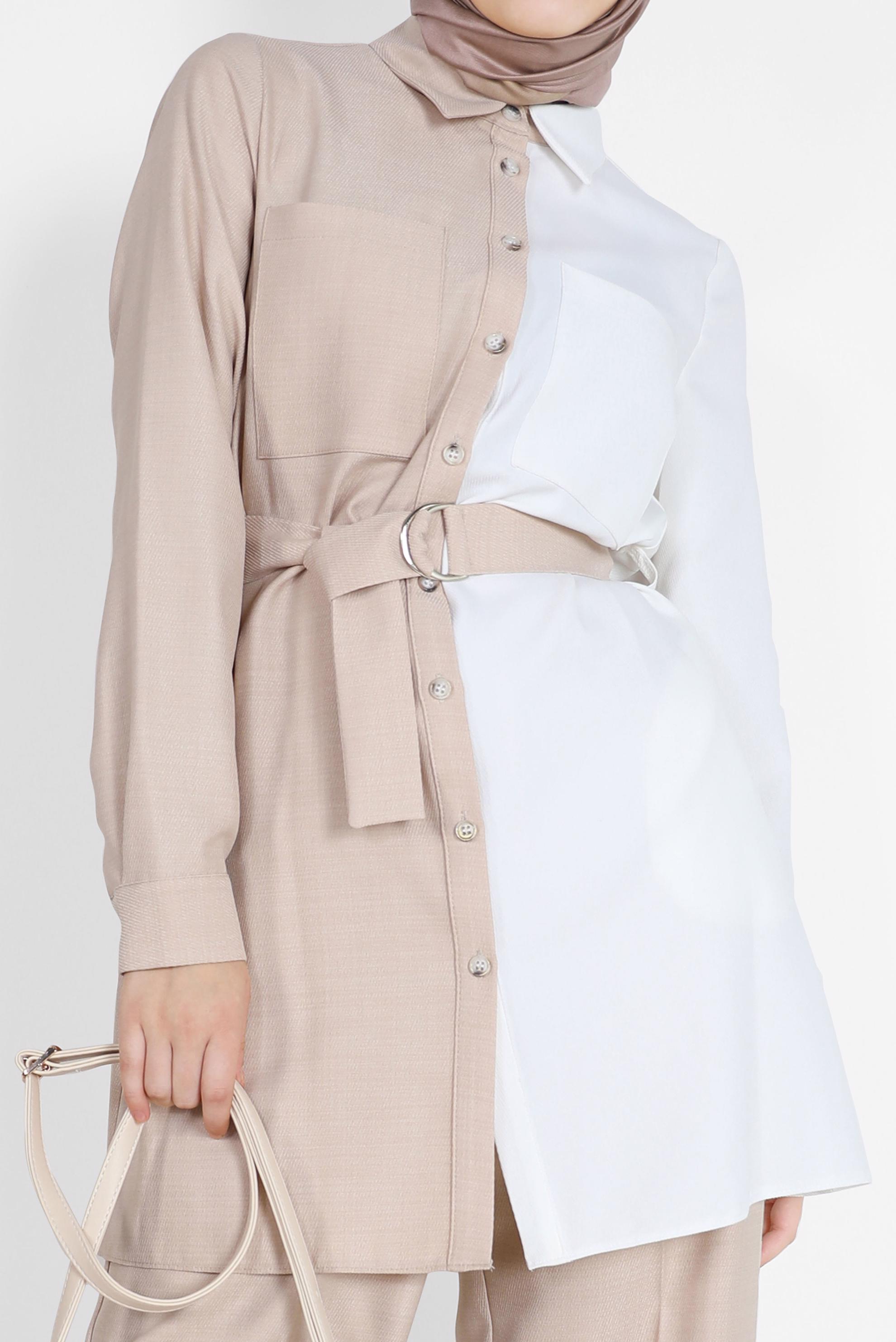 Tesettür giyim BEJ 2 RENKLİ KEMERLİ İKİLİ PANT. TAKIM 42164 