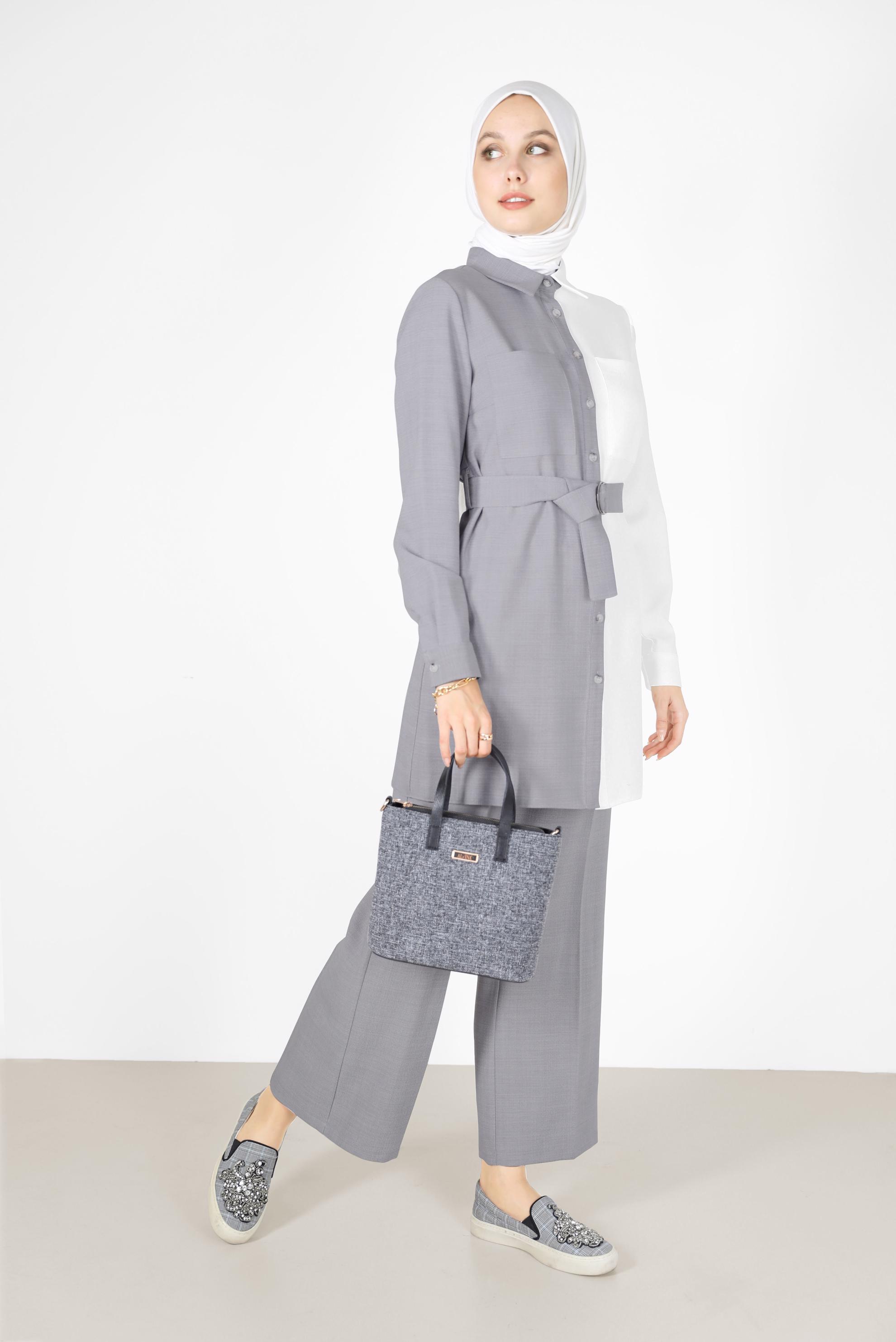 Tesettür giyim GRİ 2 RENKLİ KEMERLİ İKİLİ PANT. TAKIM 42164 