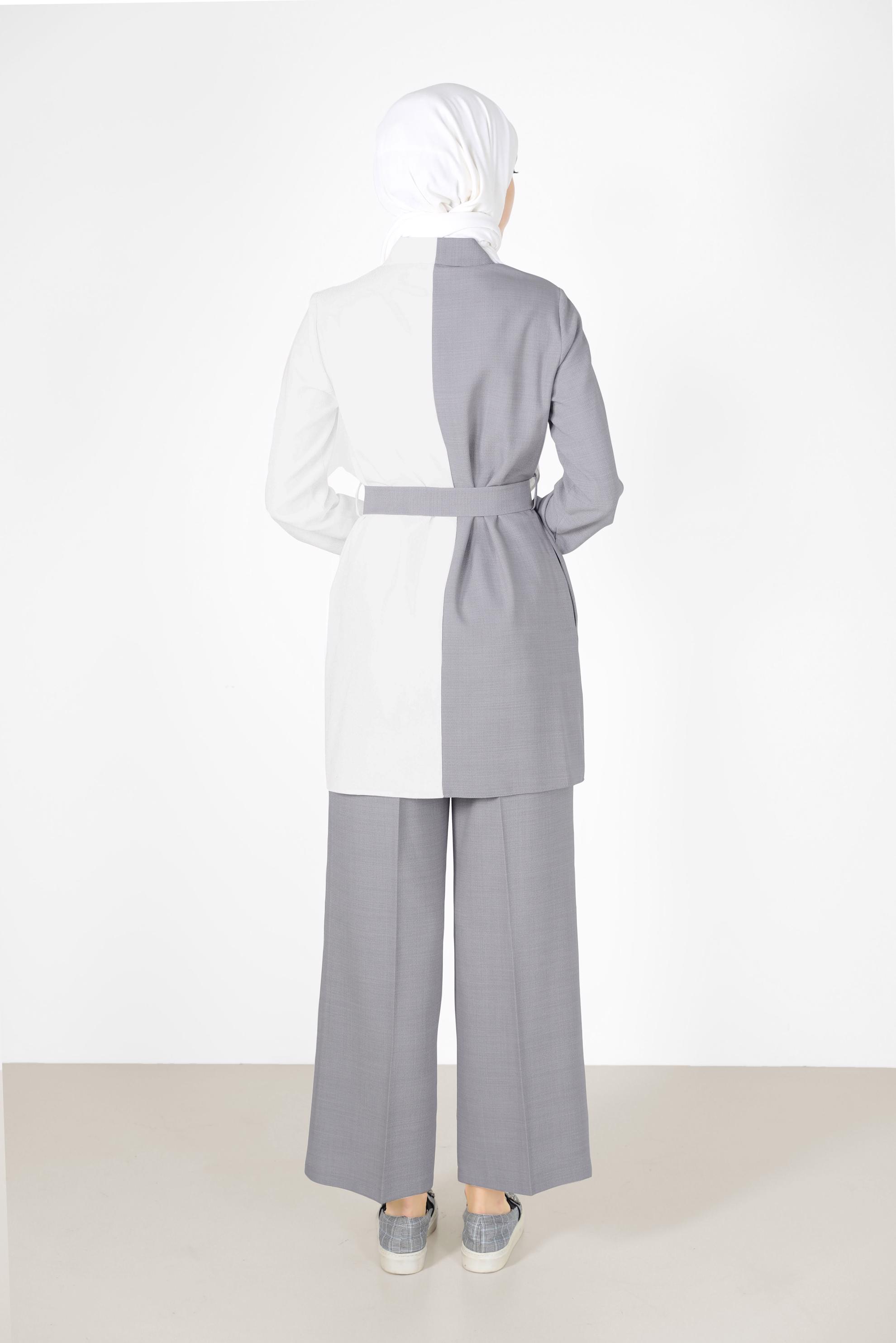 Tesettür giyim GRİ 2 RENKLİ KEMERLİ İKİLİ PANT. TAKIM 42164 