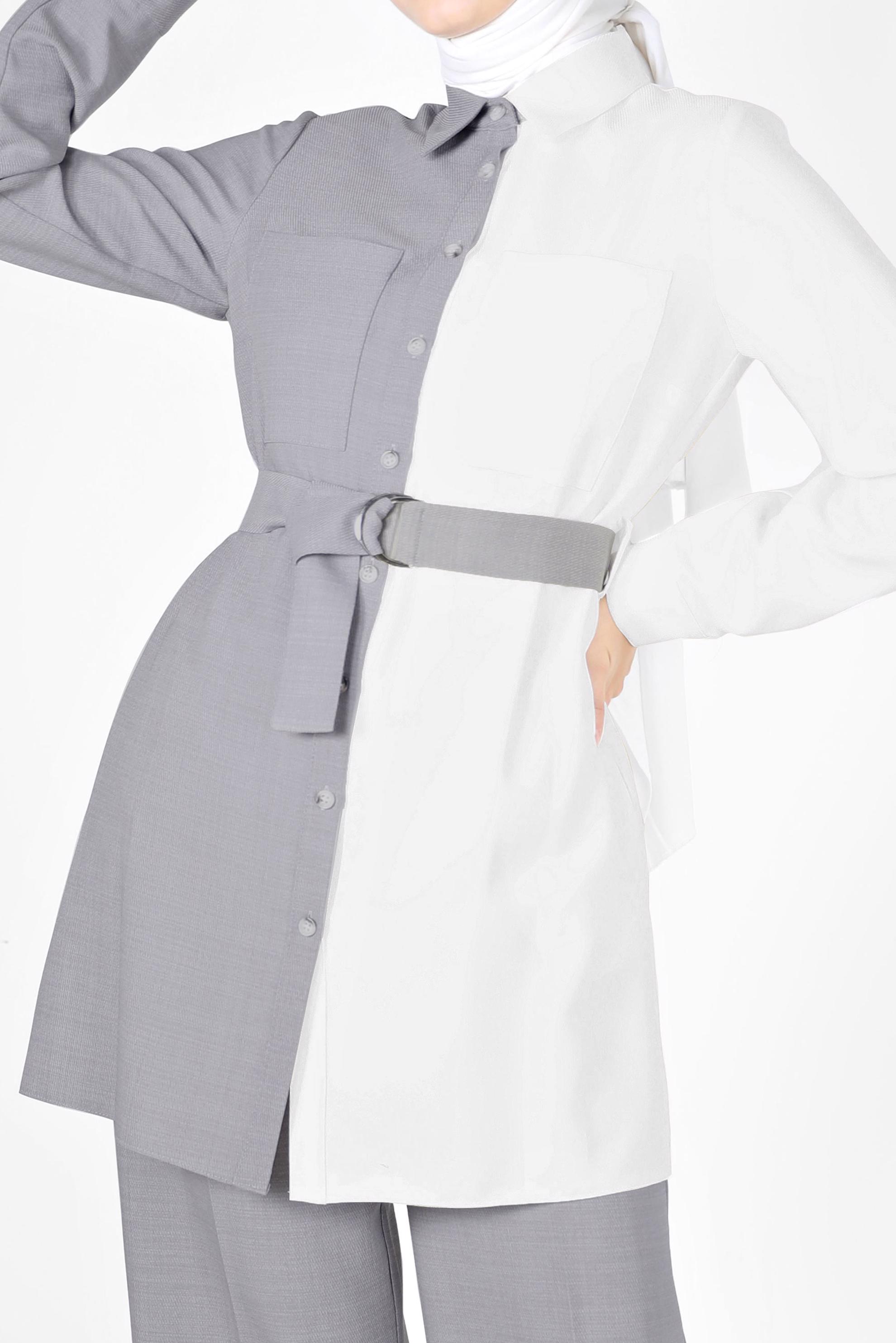 Tesettür giyim GRİ 2 RENKLİ KEMERLİ İKİLİ PANT. TAKIM 42164 