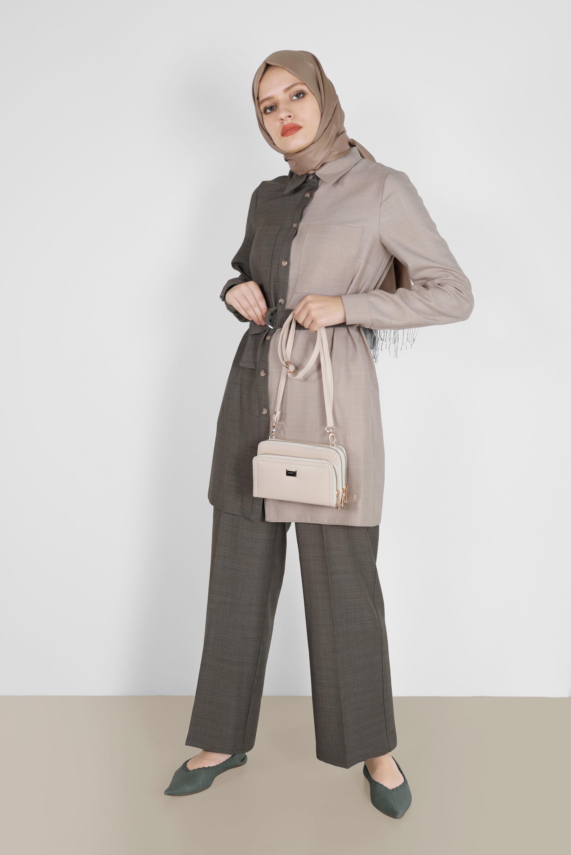 Tesettür giyim HAKİ 2 RENKLİ KEMERLİ İKİLİ PANT. TAKIM 42164 