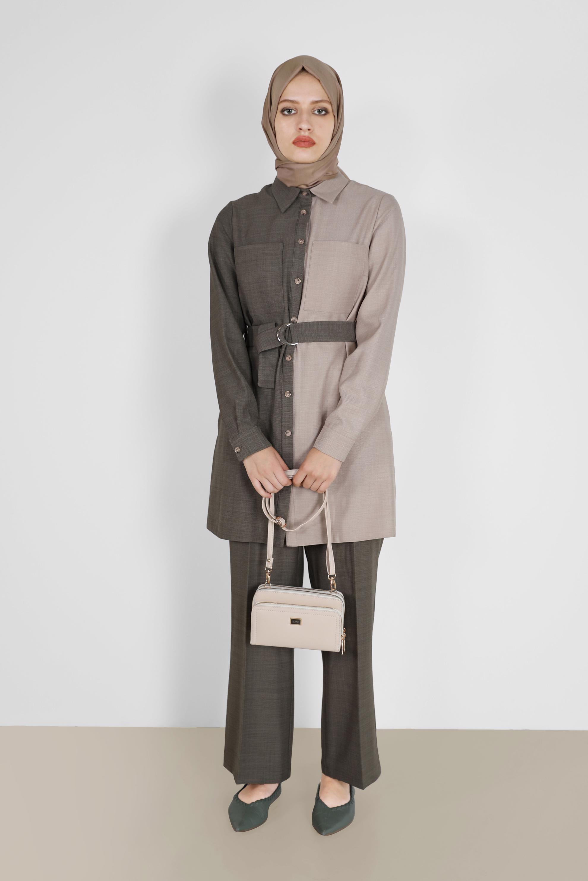 Tesettür giyim HAKİ 2 RENKLİ KEMERLİ İKİLİ PANT. TAKIM 42164 