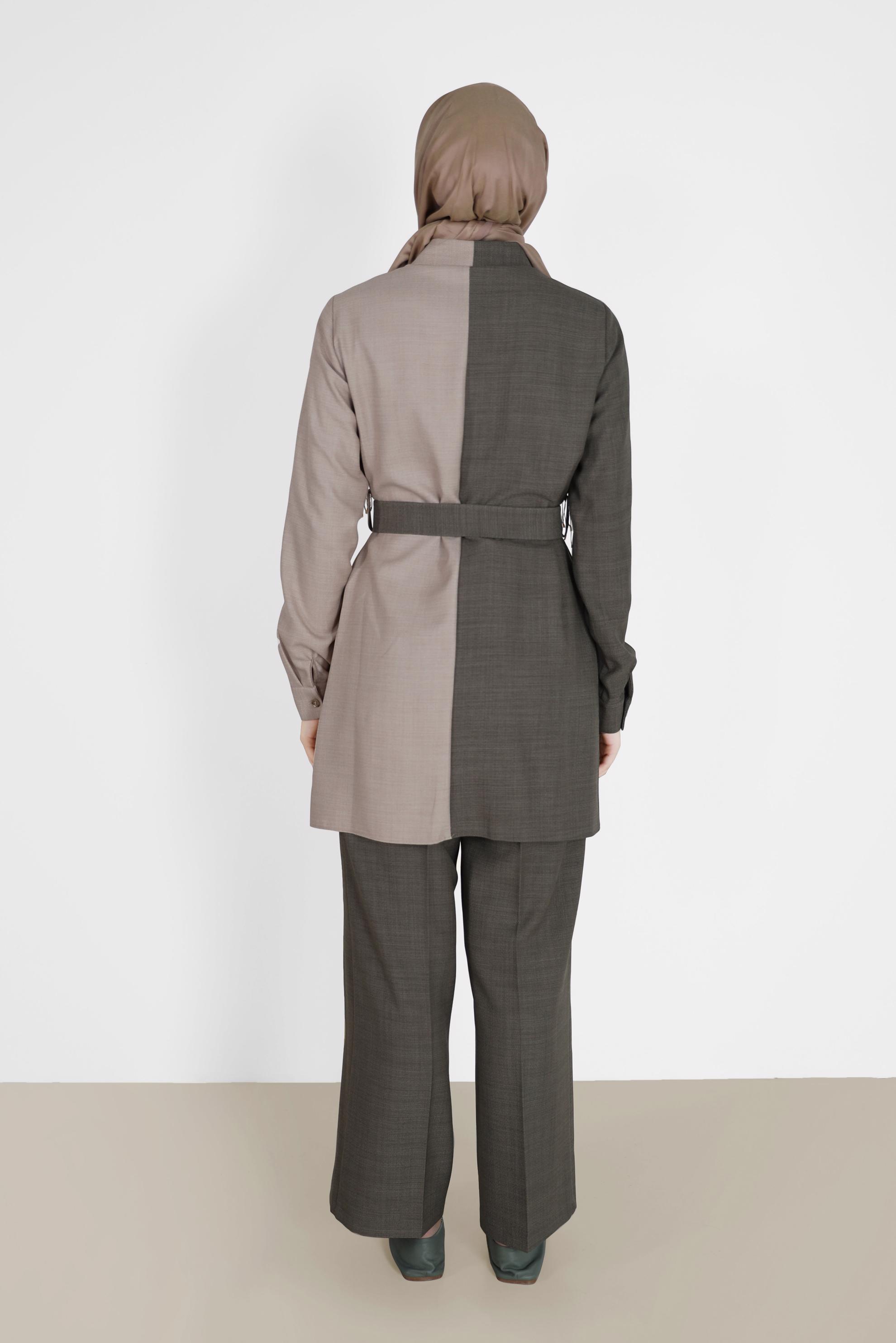 Tesettür giyim HAKİ 2 RENKLİ KEMERLİ İKİLİ PANT. TAKIM 42164 