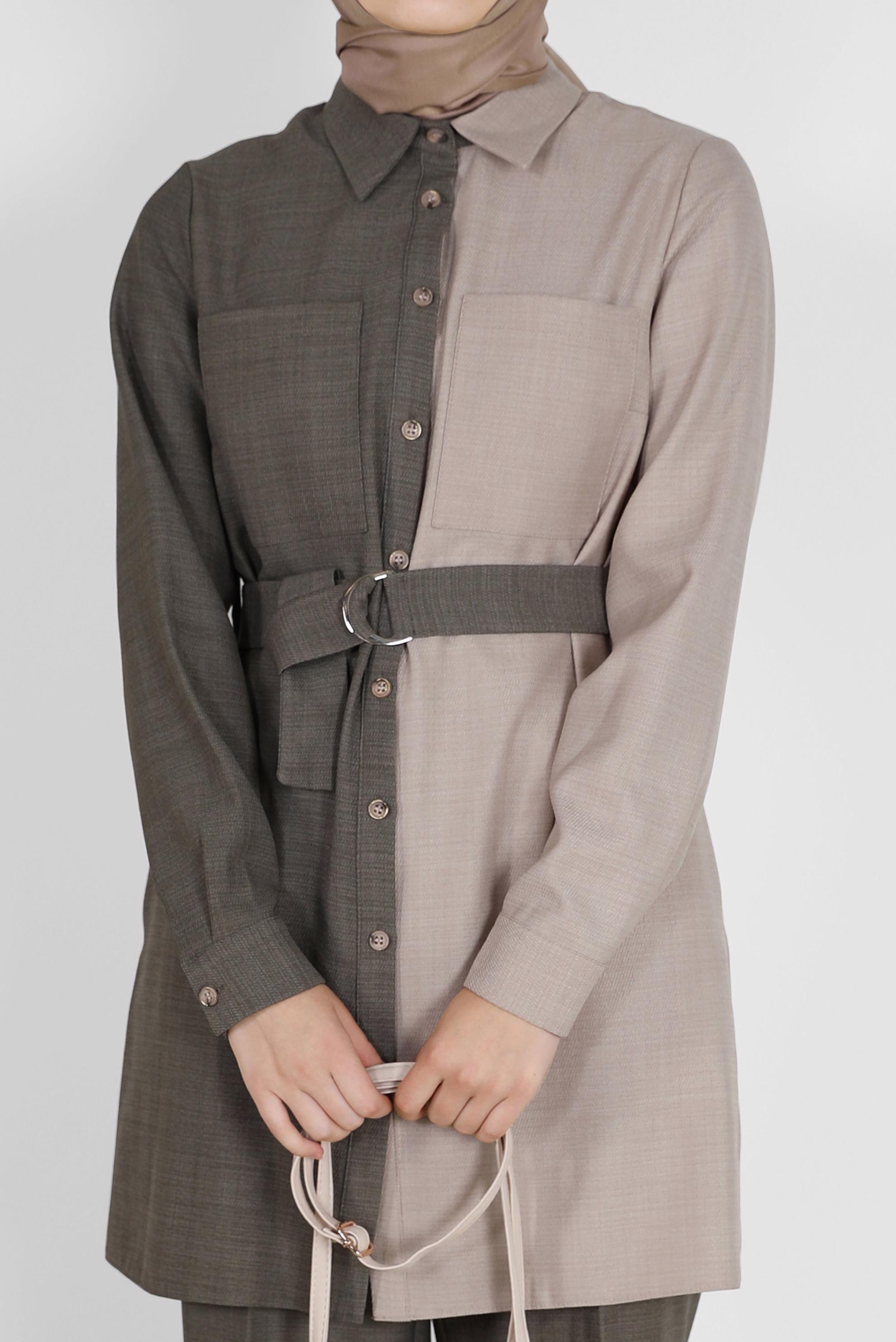 Tesettür giyim HAKİ 2 RENKLİ KEMERLİ İKİLİ PANT. TAKIM 42164 