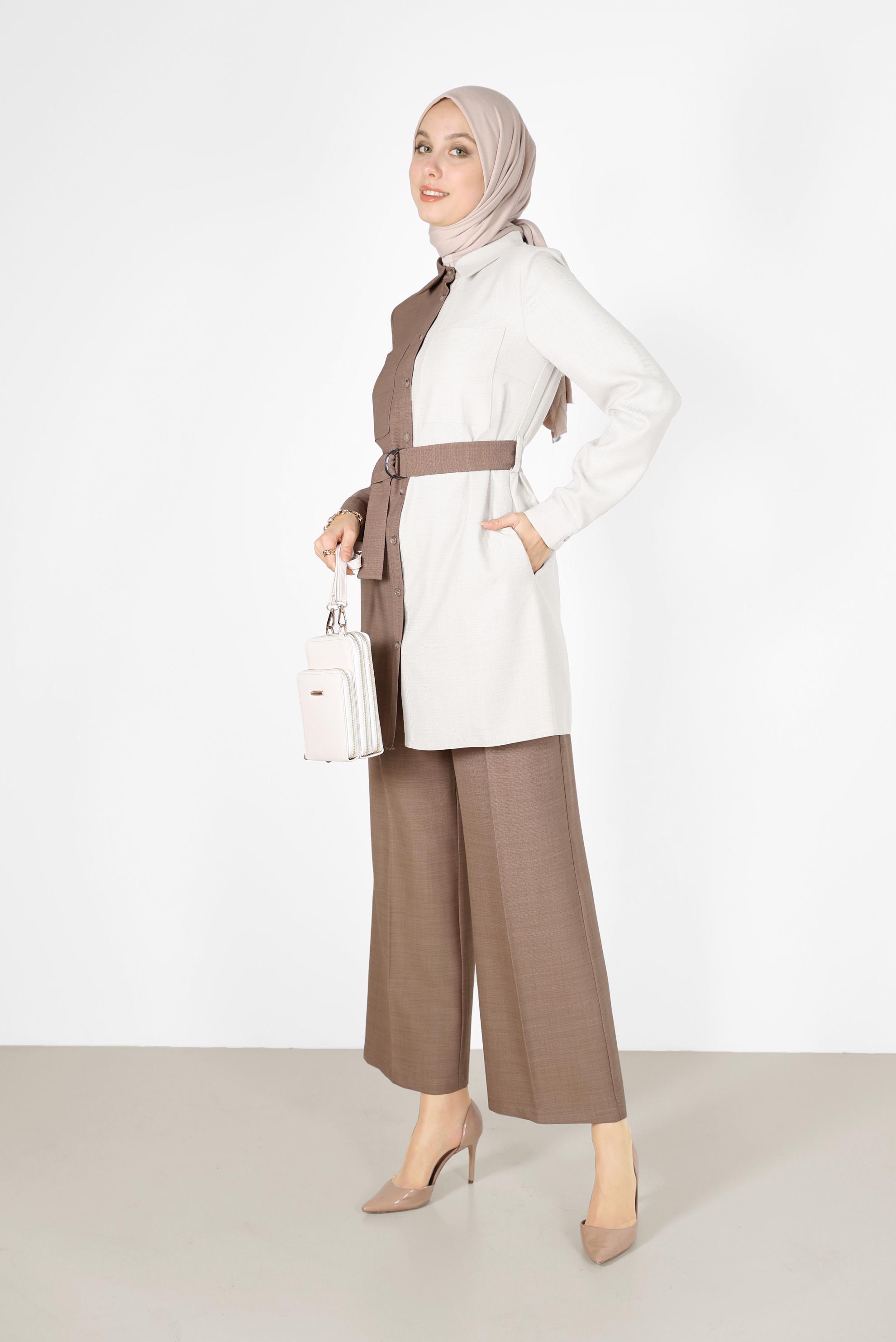 Tesettür giyim KAHVE 2 RENKLİ KEMERLİ İKİLİ PANT. TAKIM 42164 