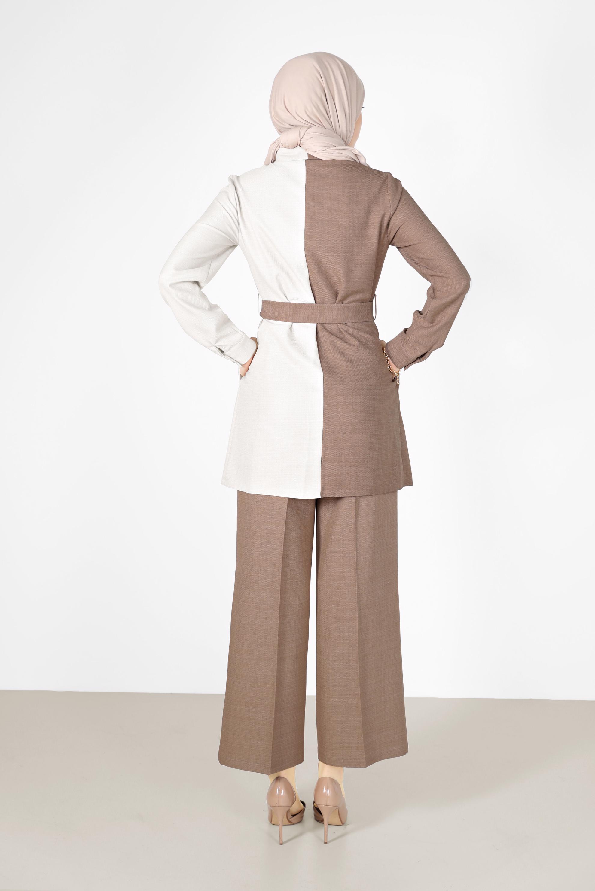 Tesettür giyim KAHVE 2 RENKLİ KEMERLİ İKİLİ PANT. TAKIM 42164 