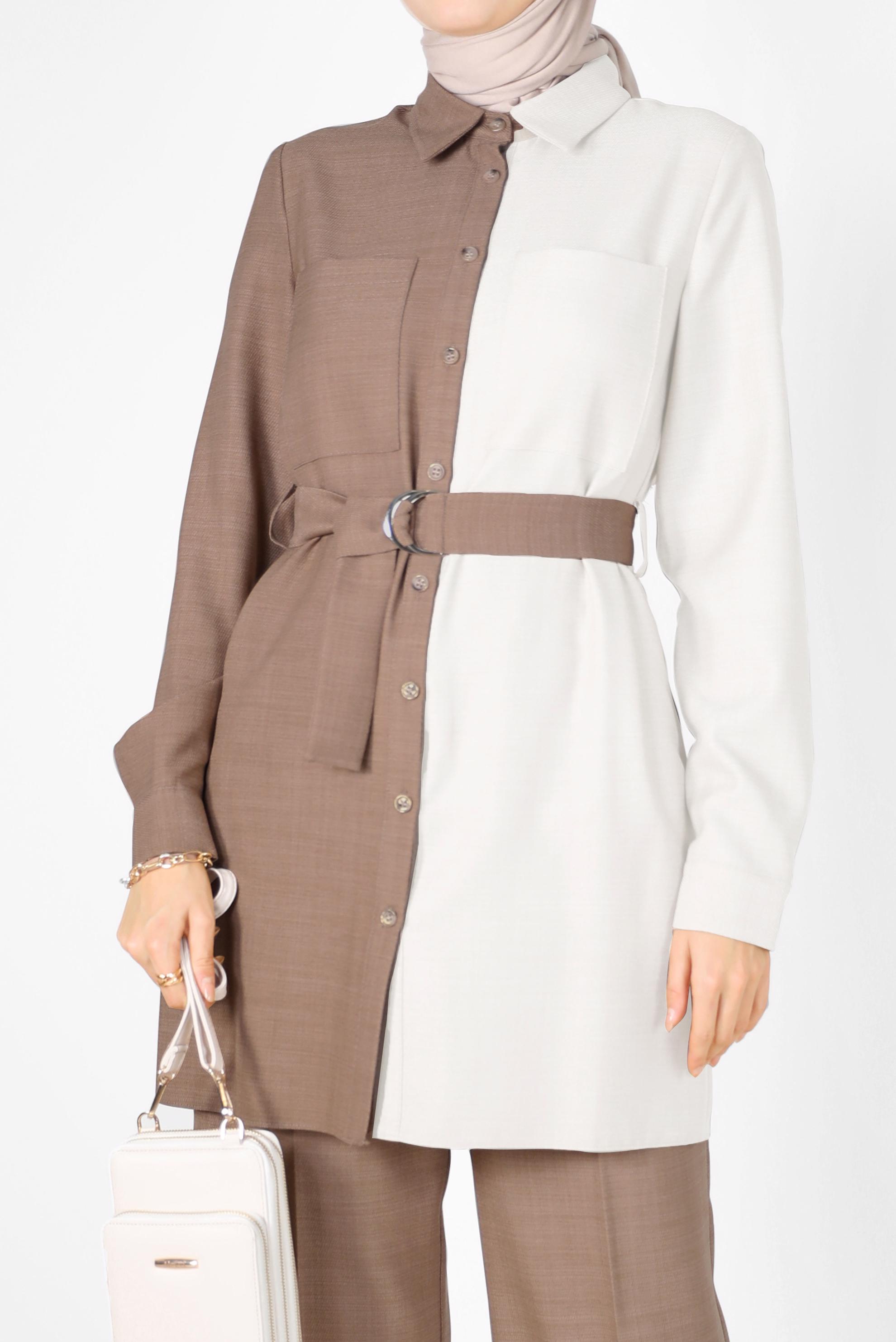 Tesettür giyim KAHVE 2 RENKLİ KEMERLİ İKİLİ PANT. TAKIM 42164 