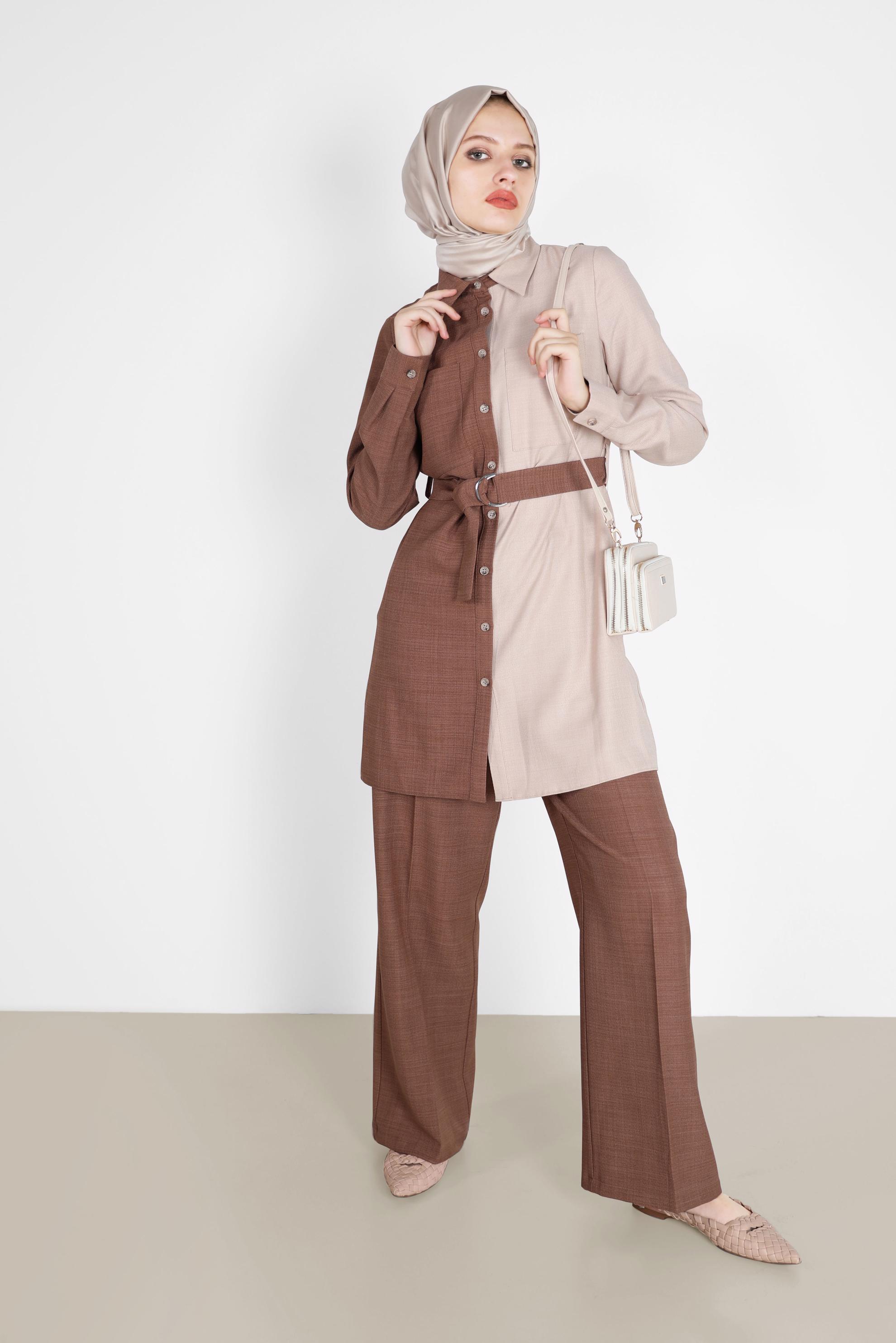 Tesettür giyim KAHVE 2 RENKLİ KEMERLİ İKİLİ PANT. TAKIM 42164 