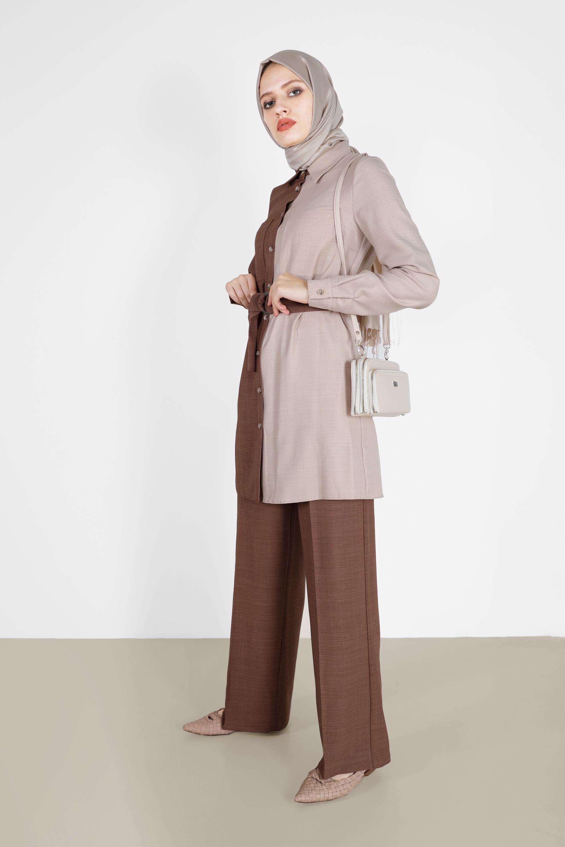 Tesettür giyim KAHVE 2 RENKLİ KEMERLİ İKİLİ PANT. TAKIM 42164 