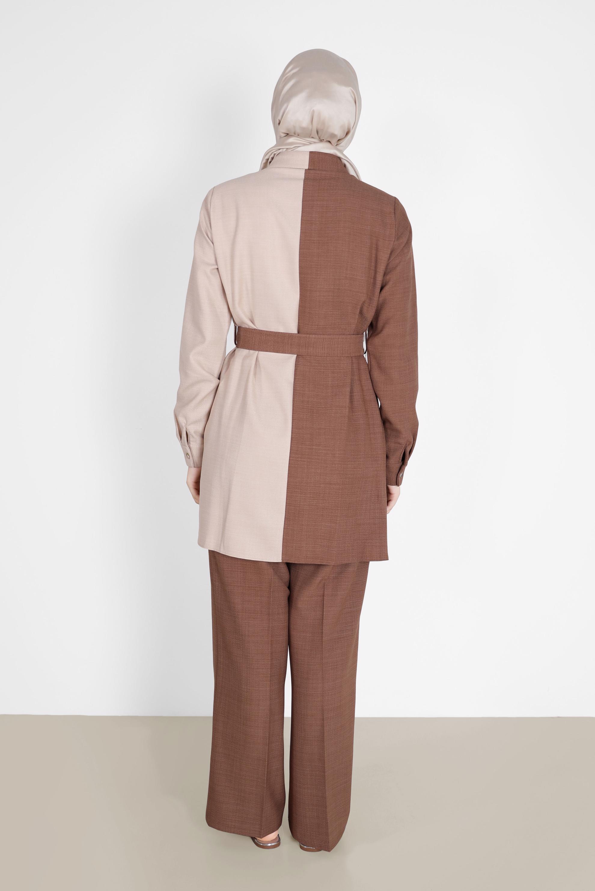 Tesettür giyim KAHVE 2 RENKLİ KEMERLİ İKİLİ PANT. TAKIM 42164 