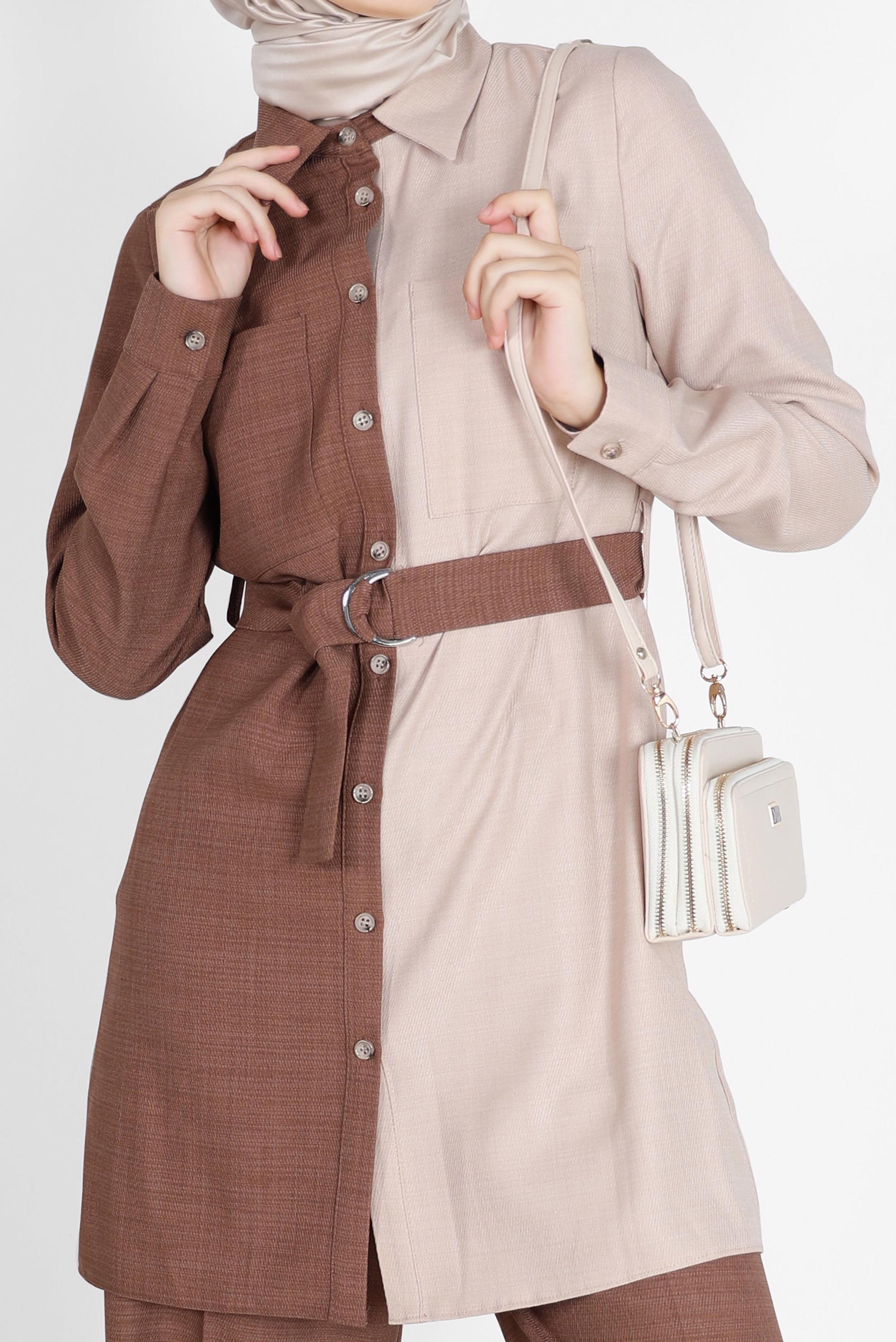 Tesettür giyim KAHVE 2 RENKLİ KEMERLİ İKİLİ PANT. TAKIM 42164 