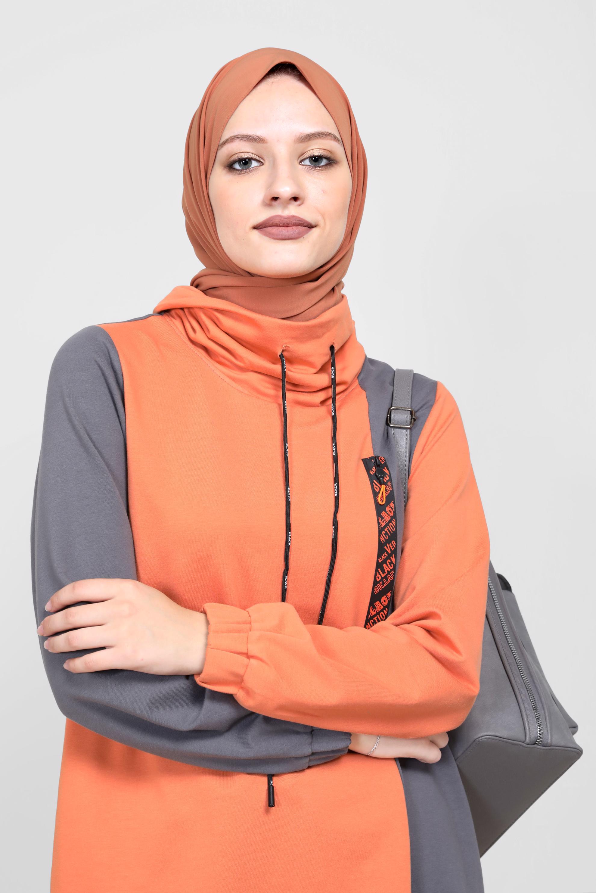 Tesettür giyim TURUNCU İKİ RENKLİ MANŞETLERİ LASTİKLİ İKİLİ PANT.TAKIM 42182 