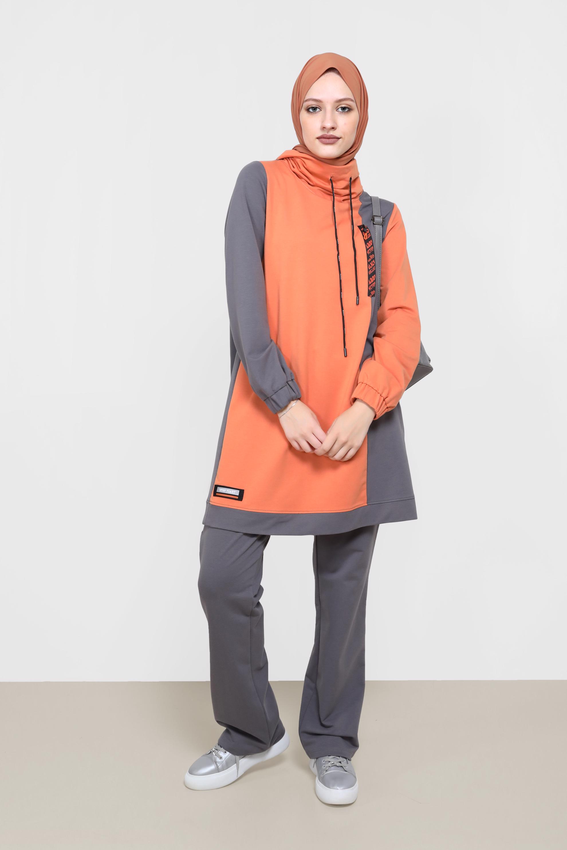 Tesettür giyim TURUNCU İKİ RENKLİ MANŞETLERİ LASTİKLİ İKİLİ PANT.TAKIM 42182 