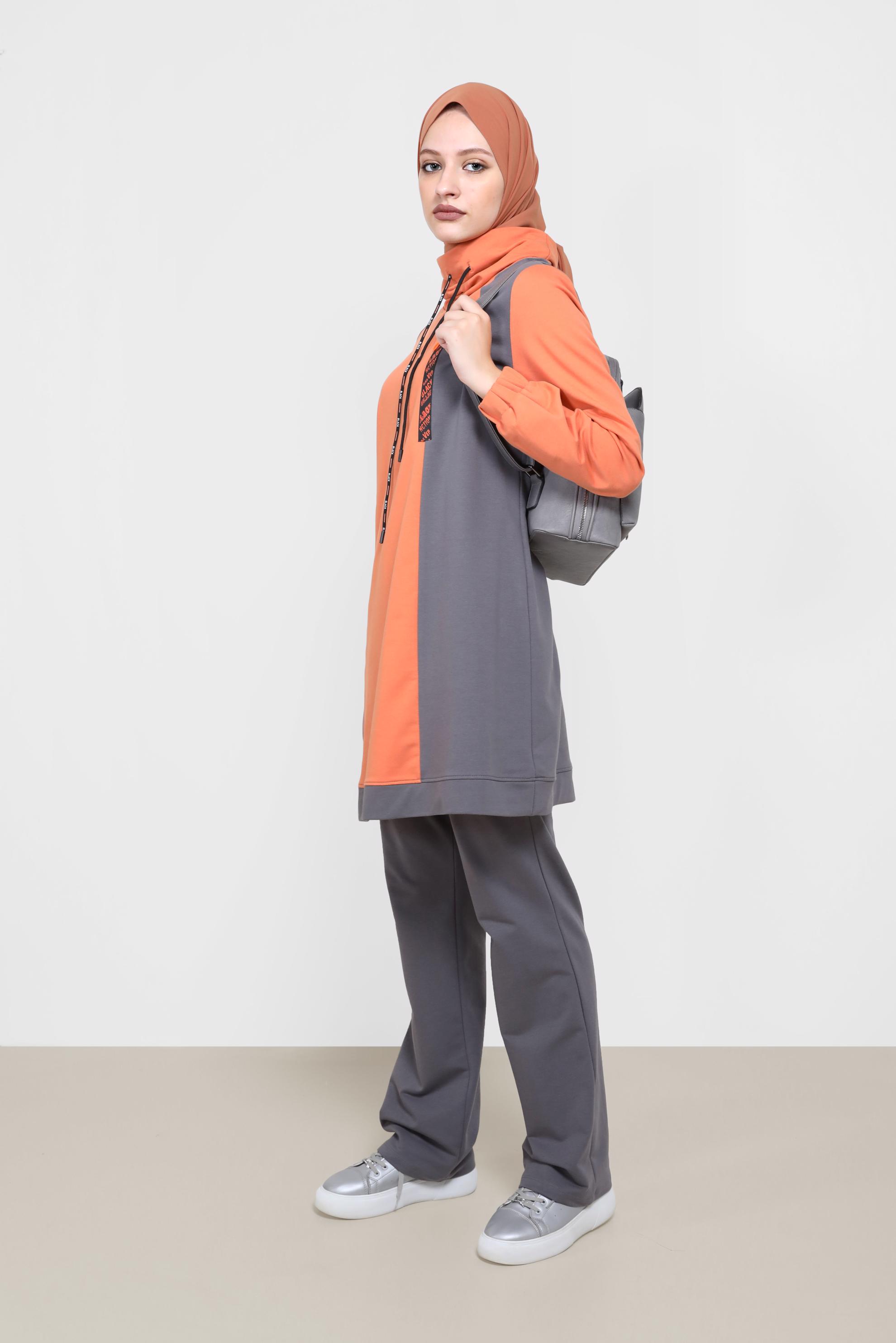 Tesettür giyim TURUNCU İKİ RENKLİ MANŞETLERİ LASTİKLİ İKİLİ PANT.TAKIM 42182 