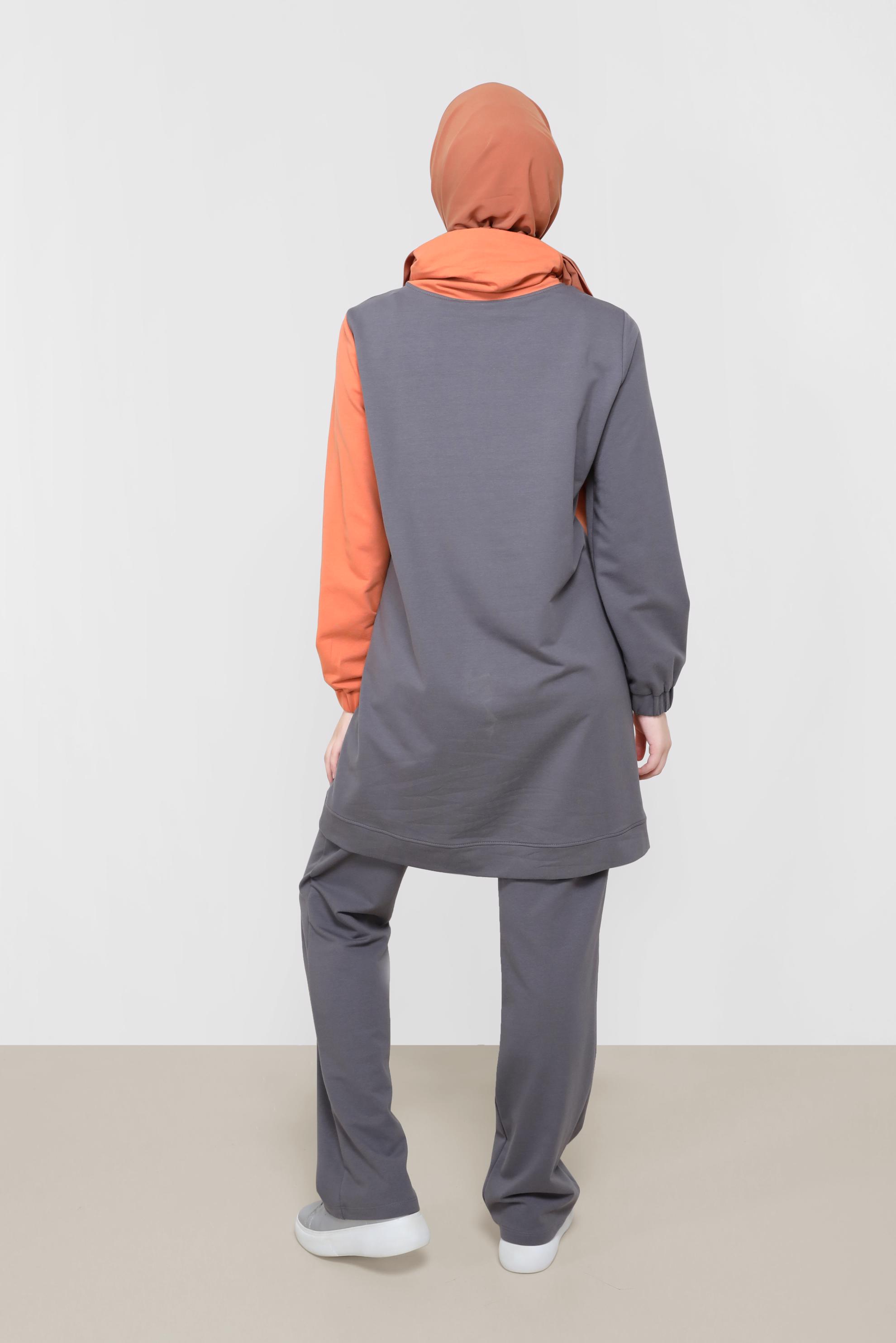 Tesettür giyim TURUNCU İKİ RENKLİ MANŞETLERİ LASTİKLİ İKİLİ PANT.TAKIM 42182 