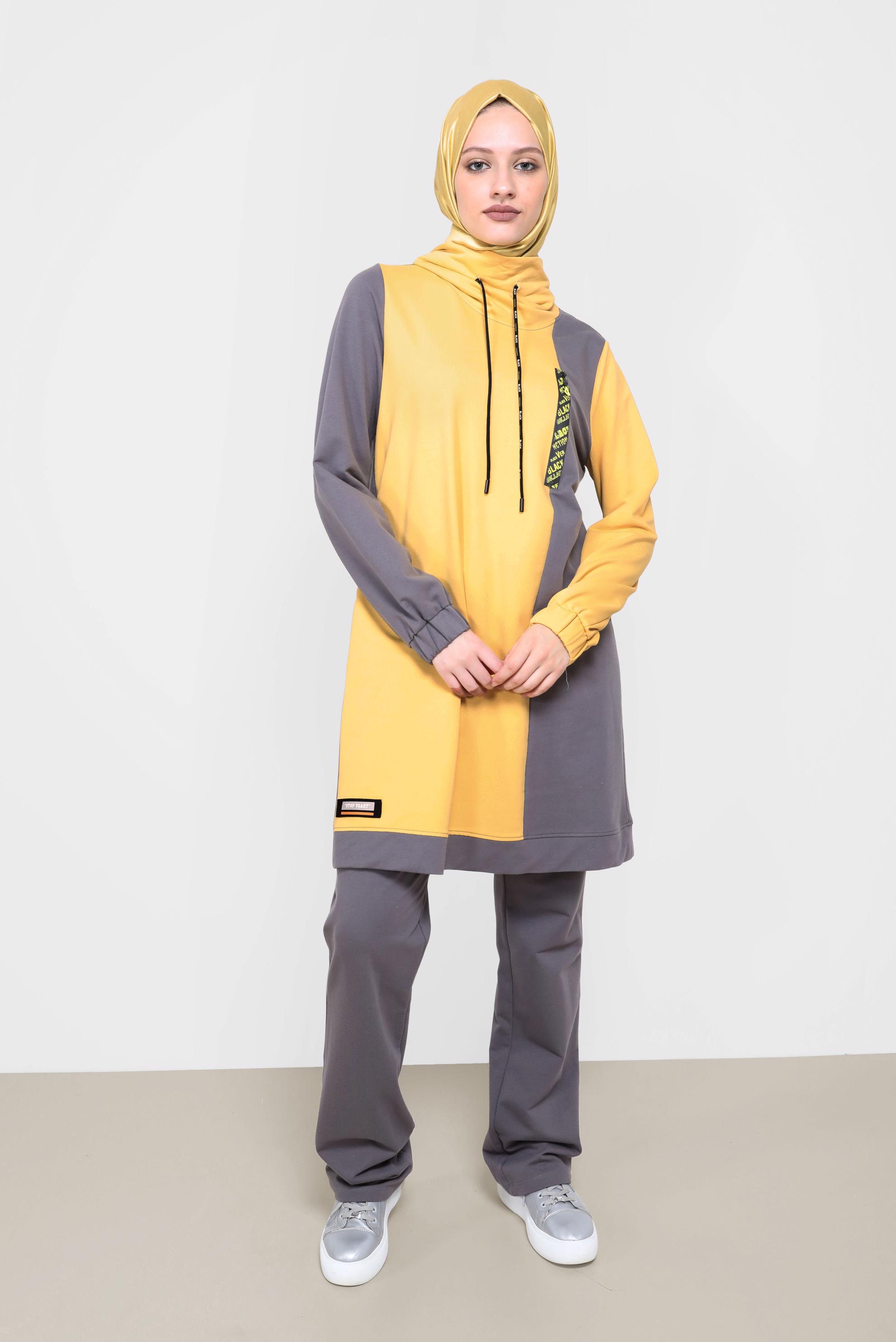 Tesettür giyim SARI İKİ RENKLİ MANŞETLERİ LASTİKLİ İKİLİ PANT.TAKIM 42182 