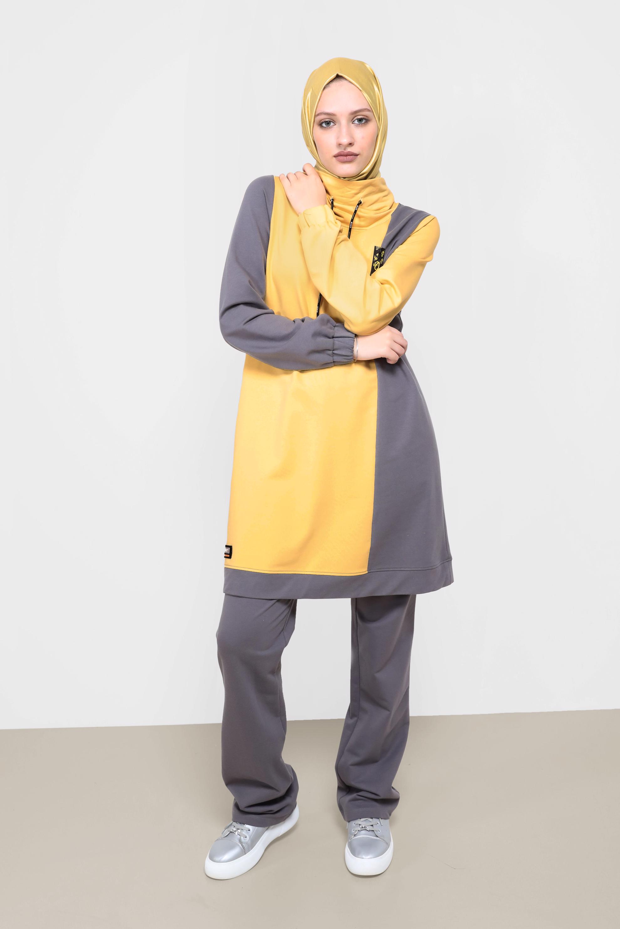 Tesettür giyim SARI İKİ RENKLİ MANŞETLERİ LASTİKLİ İKİLİ PANT.TAKIM 42182 