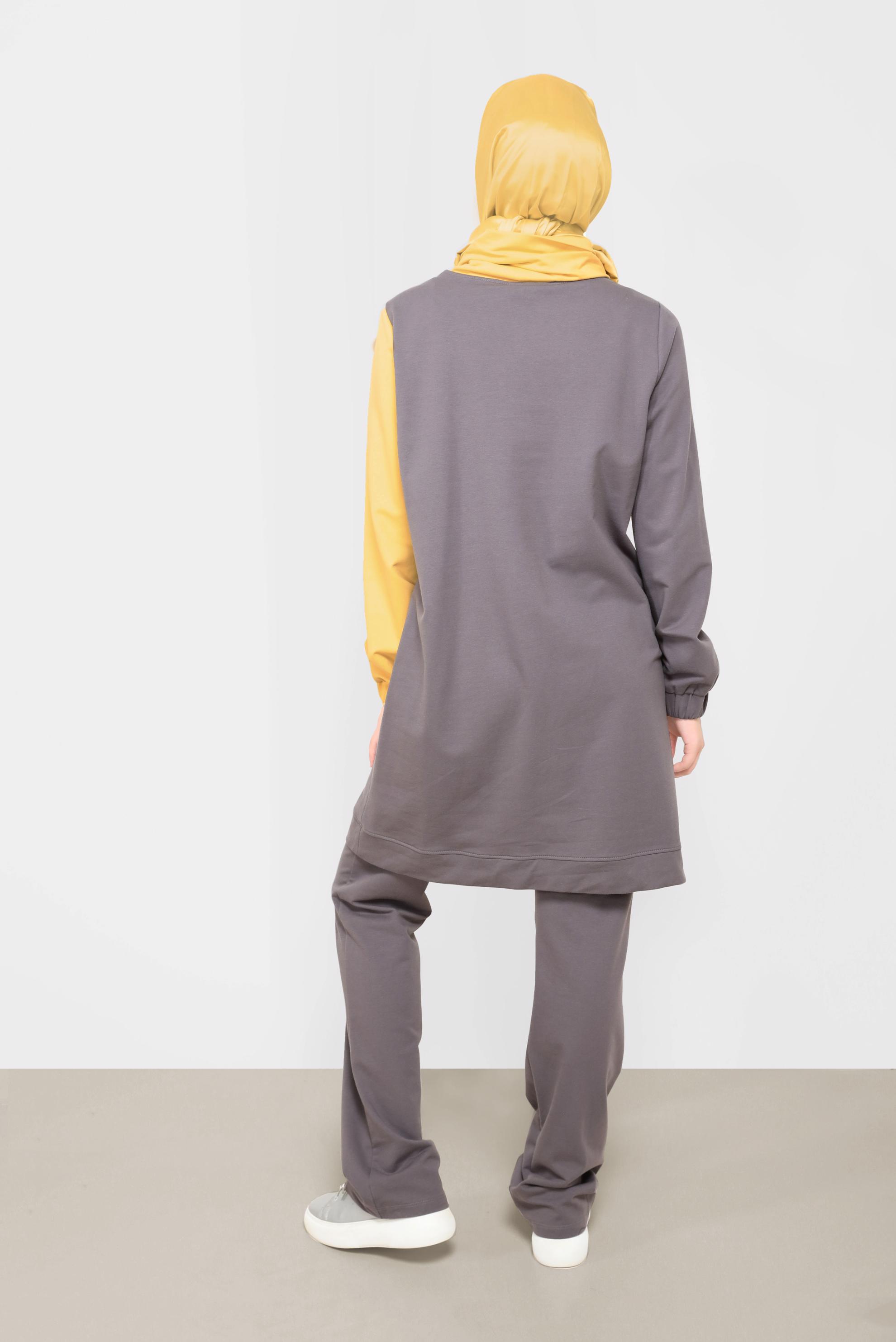 Tesettür giyim SARI İKİ RENKLİ MANŞETLERİ LASTİKLİ İKİLİ PANT.TAKIM 42182 