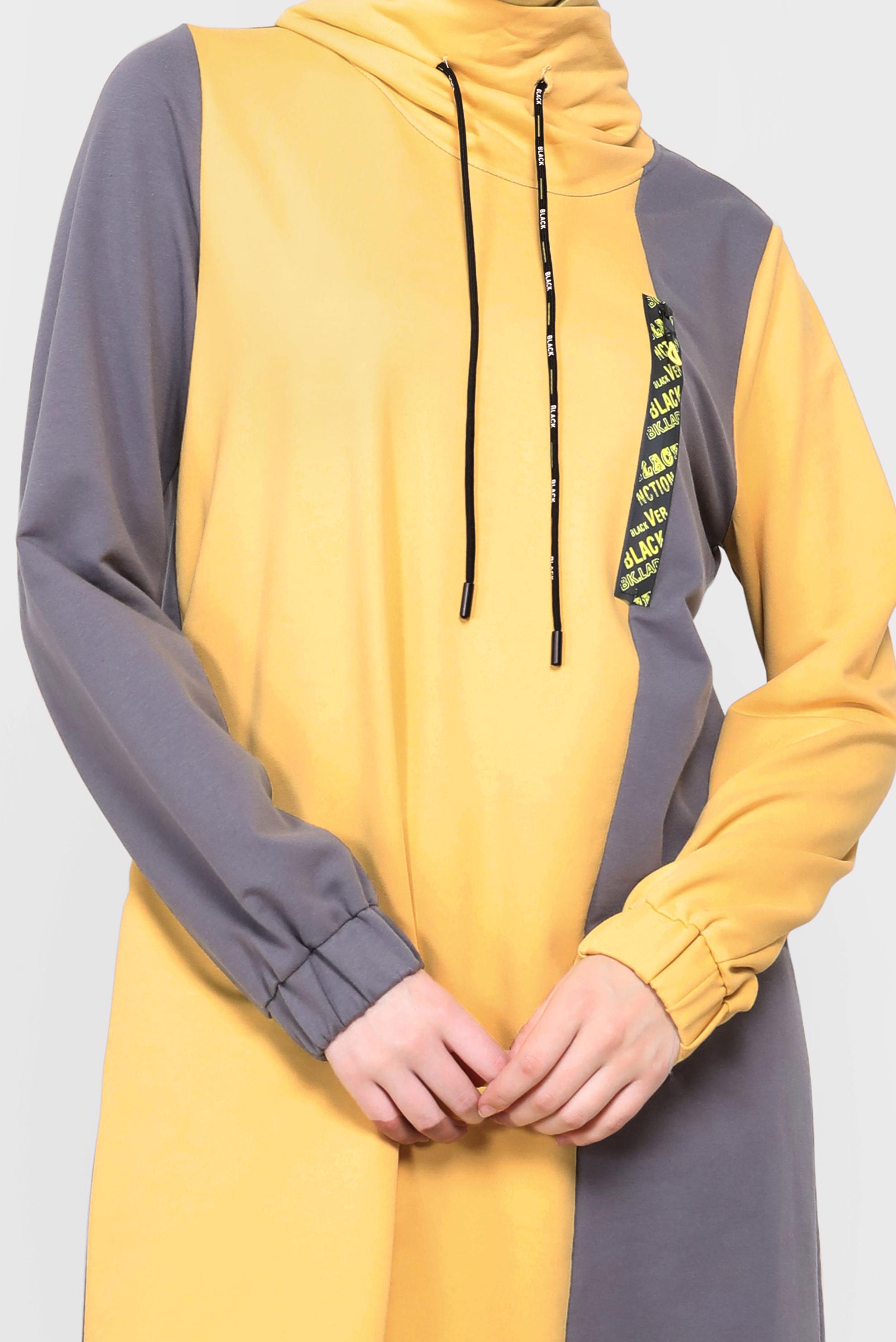 Tesettür giyim SARI İKİ RENKLİ MANŞETLERİ LASTİKLİ İKİLİ PANT.TAKIM 42182 