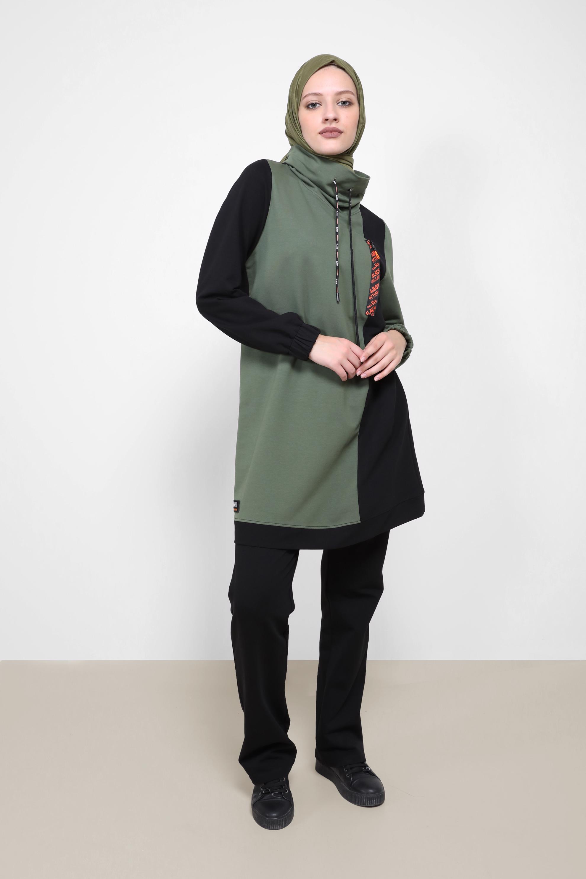 Tesettür giyim HAKİ İKİ RENKLİ MANŞETLERİ LASTİKLİ İKİLİ PANT.TAKIM 42182 