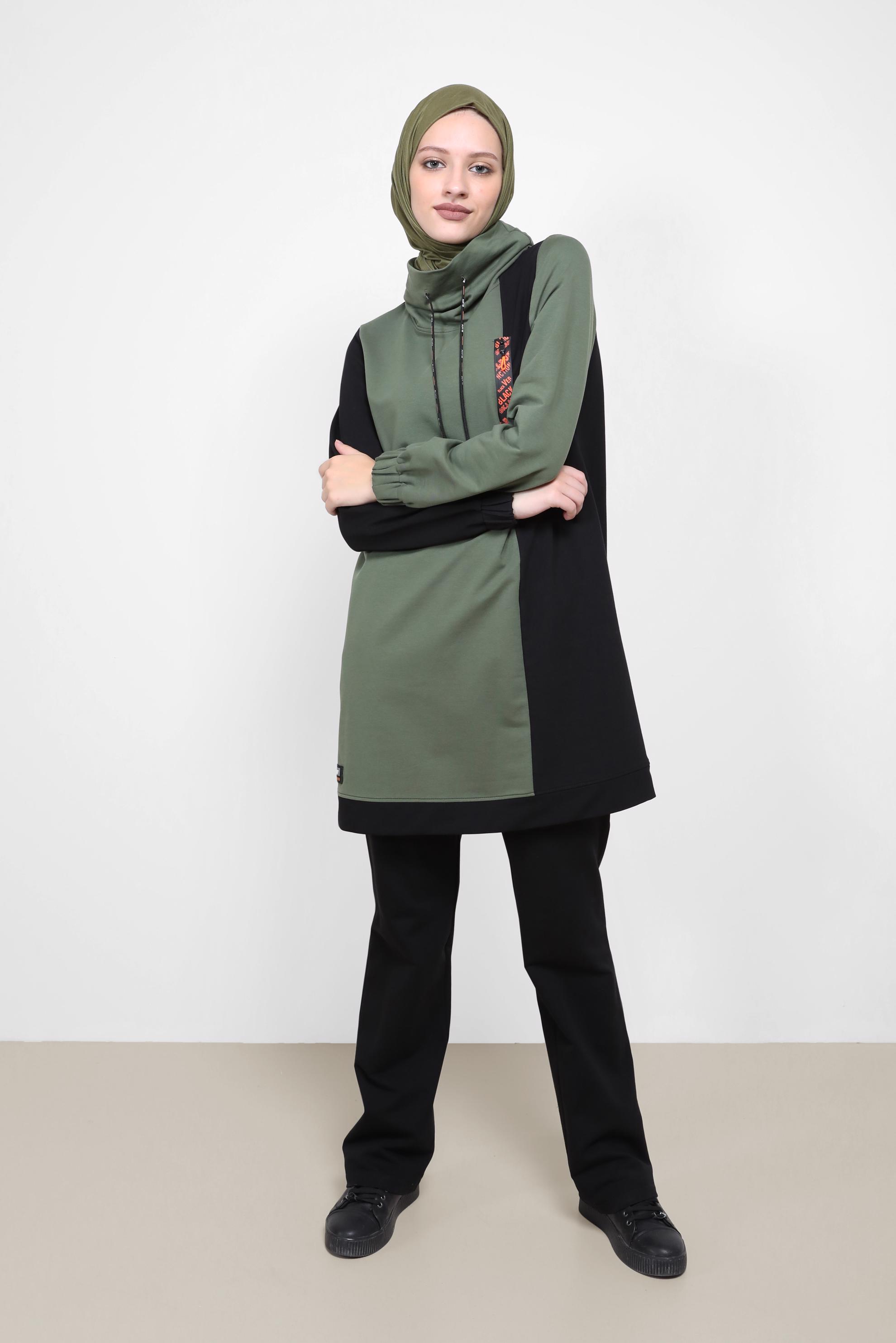 Tesettür giyim HAKİ İKİ RENKLİ MANŞETLERİ LASTİKLİ İKİLİ PANT.TAKIM 42182 