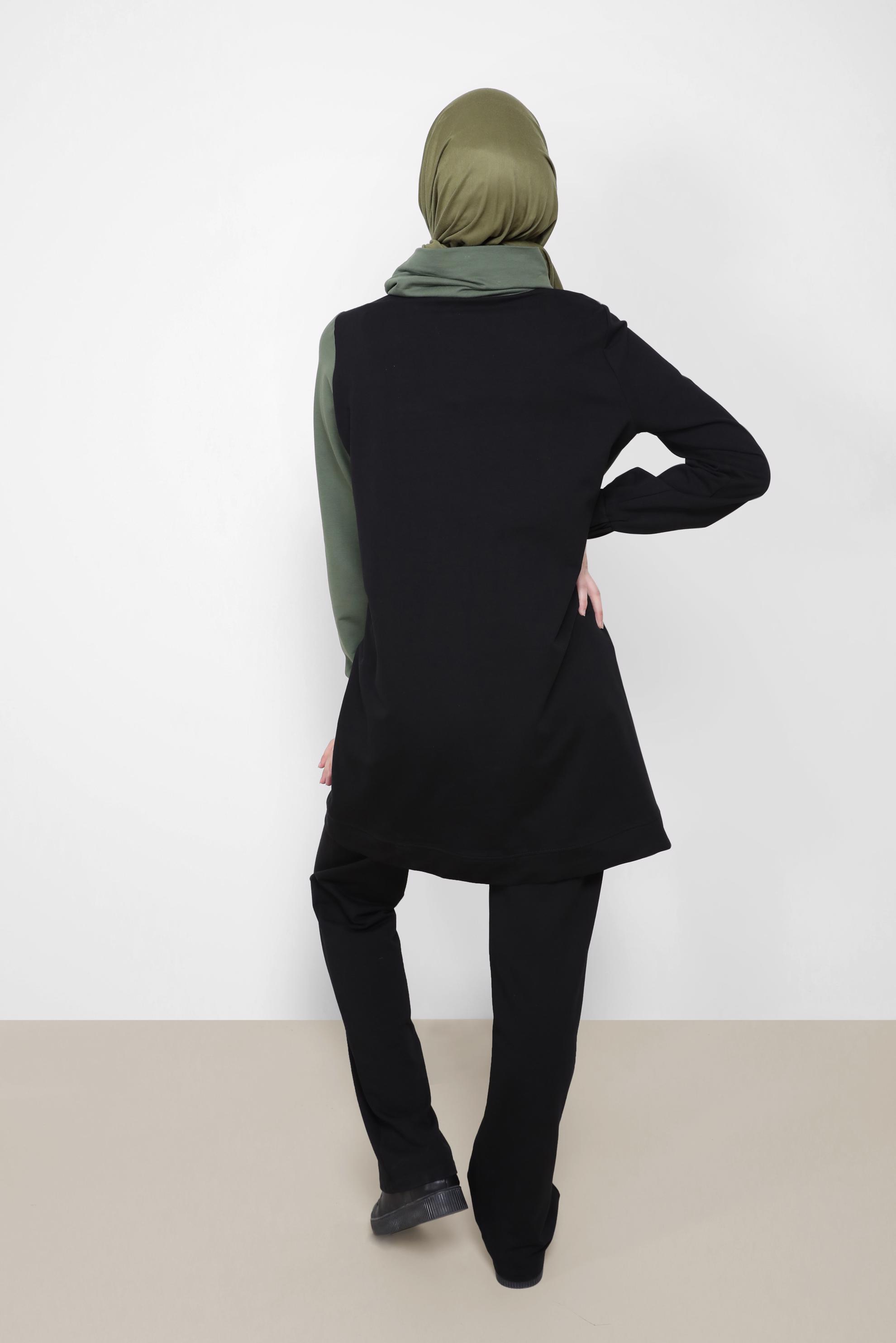 Tesettür giyim HAKİ İKİ RENKLİ MANŞETLERİ LASTİKLİ İKİLİ PANT.TAKIM 42182 