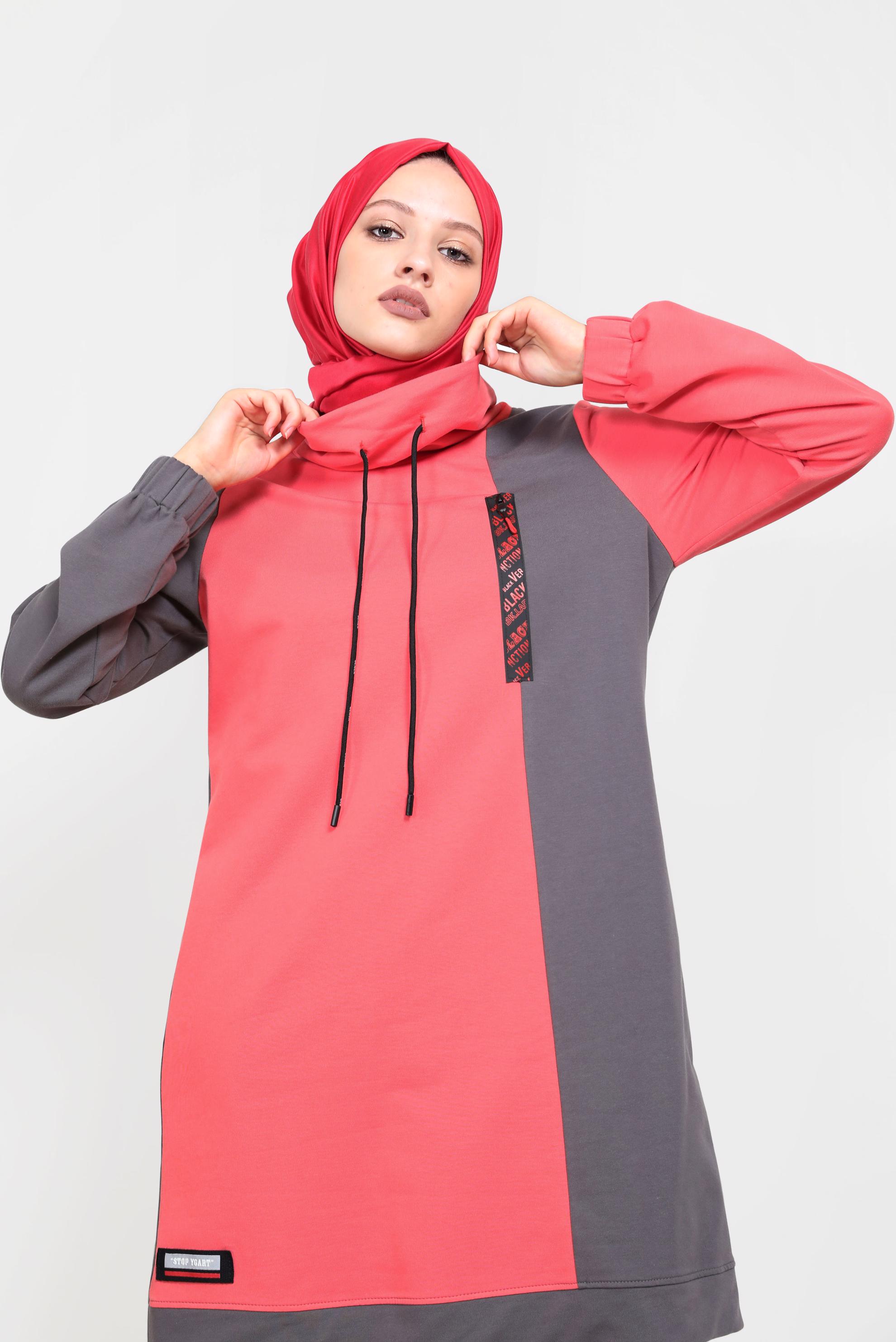 Tesettür giyim MERCAN İKİ RENKLİ MANŞETLERİ LASTİKLİ İKİLİ PANT.TAKIM 42182 