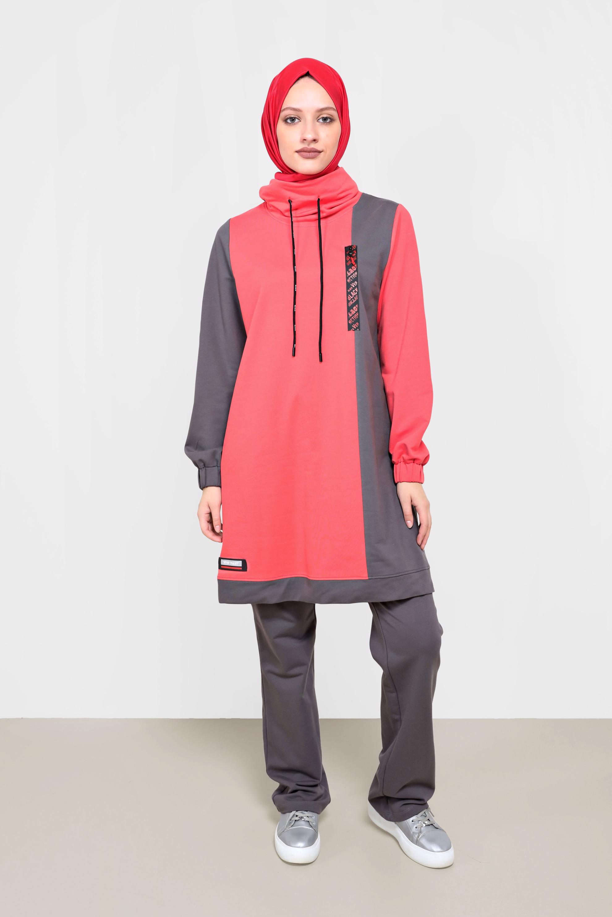 Tesettür giyim MERCAN İKİ RENKLİ MANŞETLERİ LASTİKLİ İKİLİ PANT.TAKIM 42182 