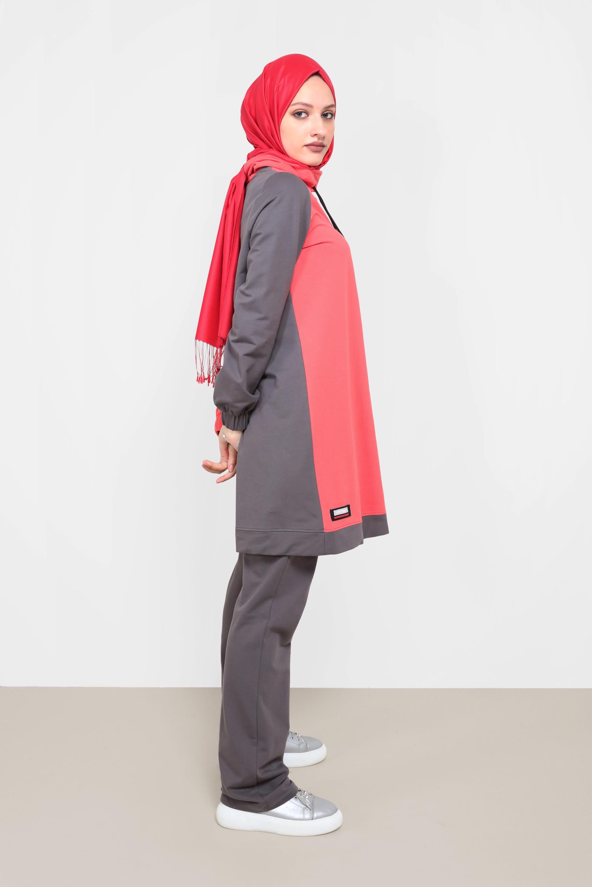 Tesettür giyim MERCAN İKİ RENKLİ MANŞETLERİ LASTİKLİ İKİLİ PANT.TAKIM 42182 