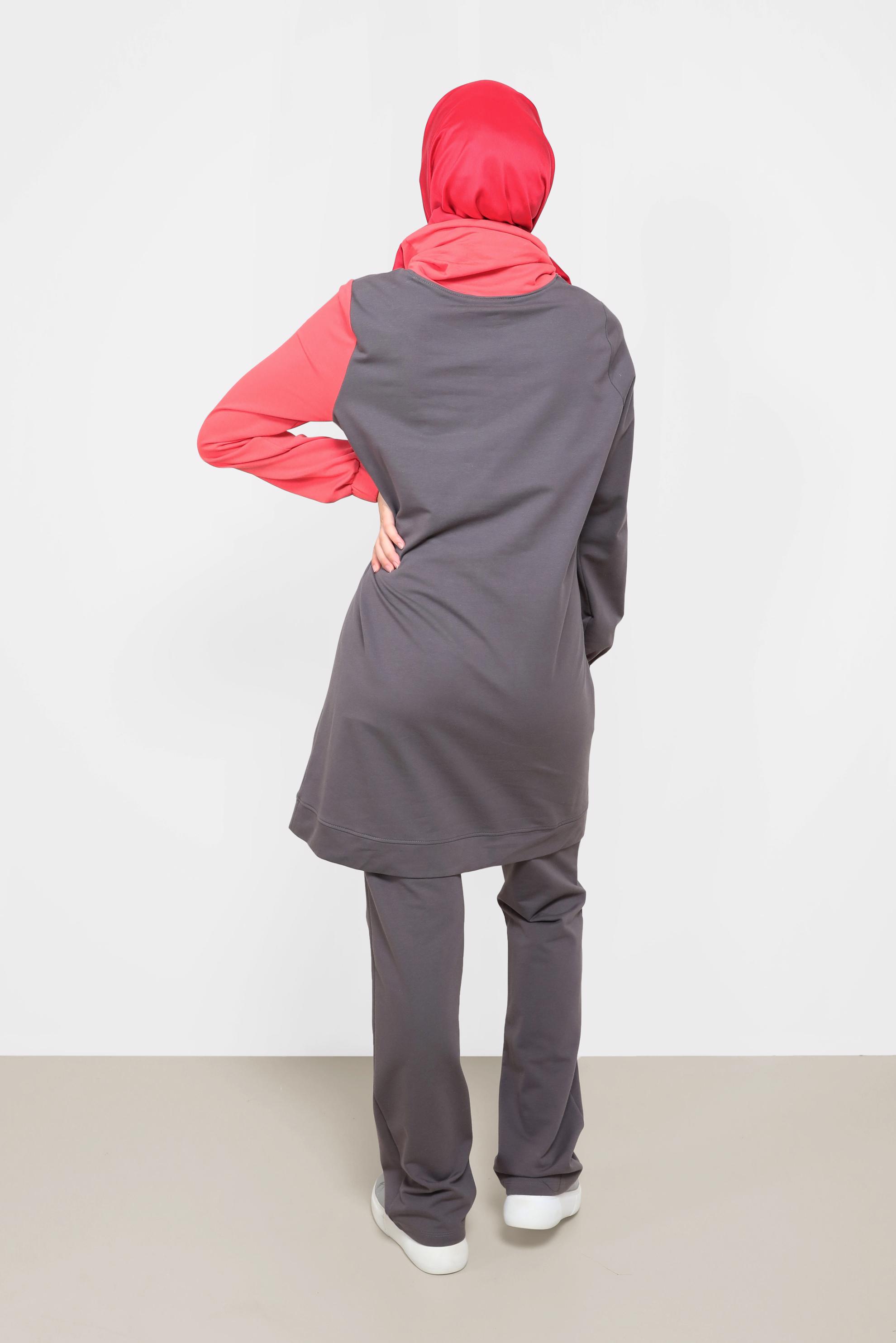 Tesettür giyim MERCAN İKİ RENKLİ MANŞETLERİ LASTİKLİ İKİLİ PANT.TAKIM 42182 