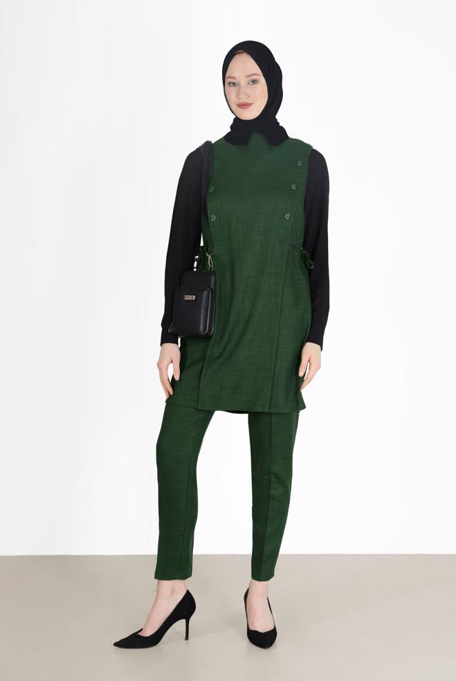 Tesettür giyim  BELDEN BÜZGÜLÜ DÜĞME DETAYLI İKİLİ PANT. TAKIM 42187 - ALVİNA
