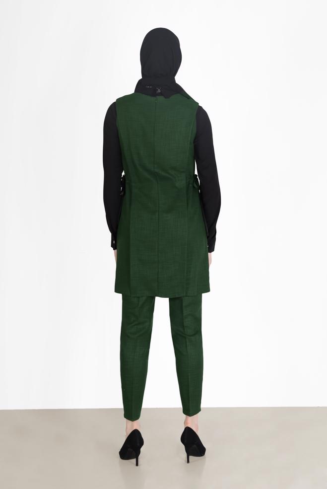 Tesettür giyim HAKİ BELDEN BÜZGÜLÜ DÜĞME DETAYLI İKİLİ PANT. TAKIM 42187 - ALVİNA