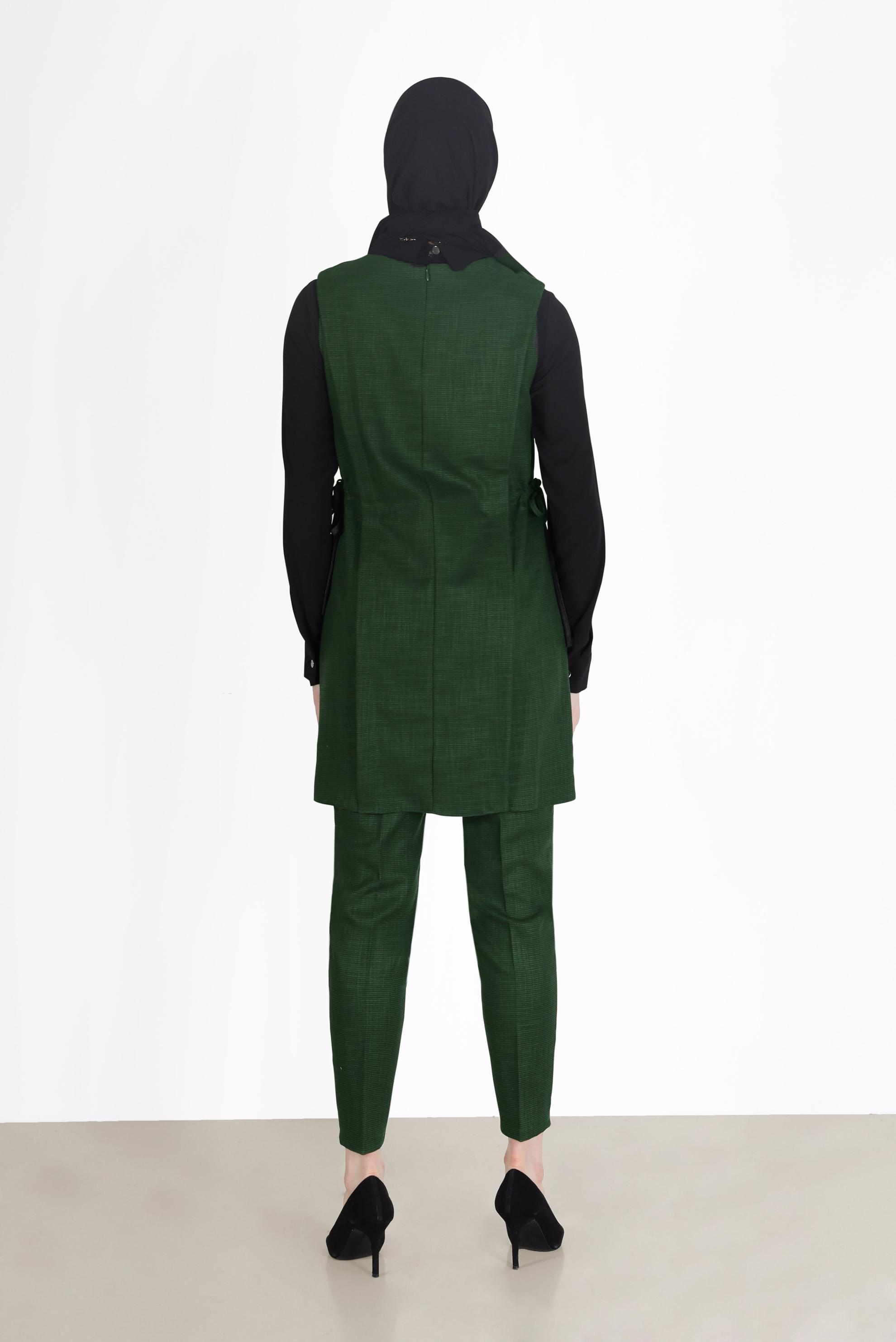 Tesettür giyim HAKİ BELDEN BÜZGÜLÜ DÜĞME DETAYLI İKİLİ PANT. TAKIM 42187