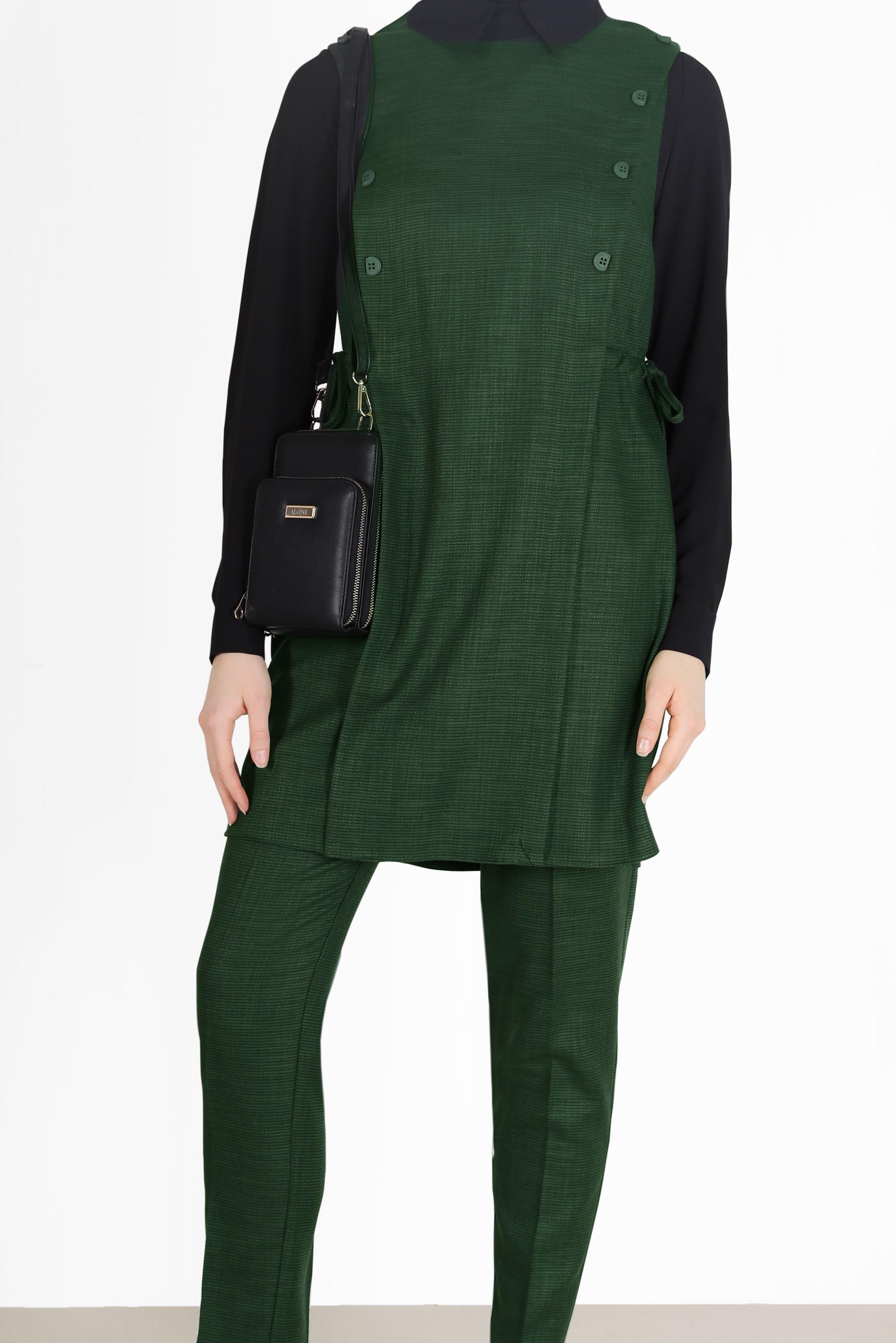 Tesettür giyim HAKİ BELDEN BÜZGÜLÜ DÜĞME DETAYLI İKİLİ PANT. TAKIM 42187