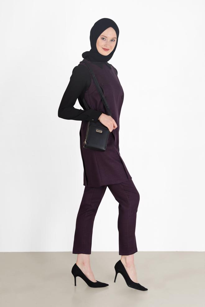 Tesettür giyim MÜRDÜM BELDEN BÜZGÜLÜ DÜĞME DETAYLI İKİLİ PANT. TAKIM 42187 - ALVİNA