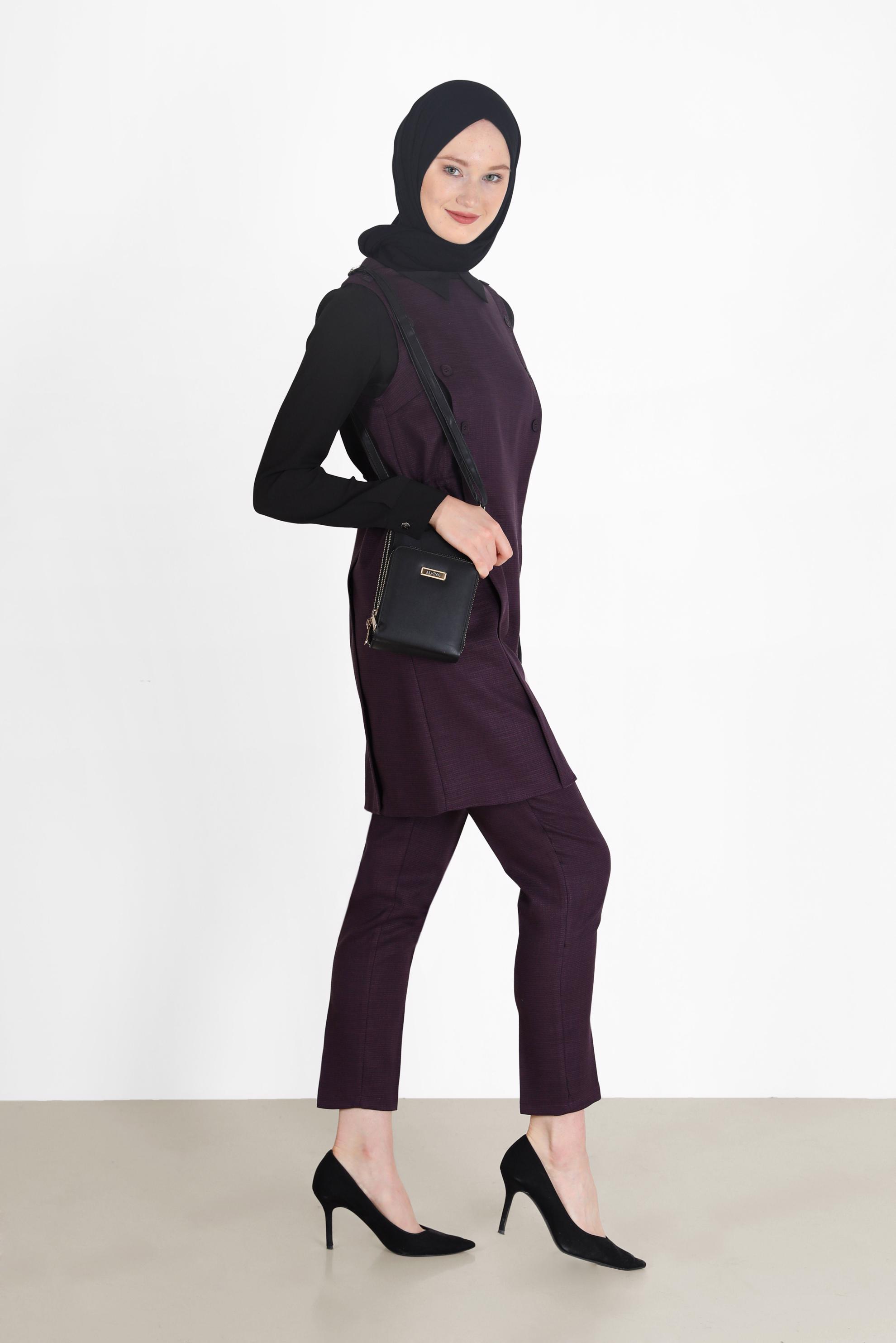 Tesettür giyim MÜRDÜM BELDEN BÜZGÜLÜ DÜĞME DETAYLI İKİLİ PANT. TAKIM 42187